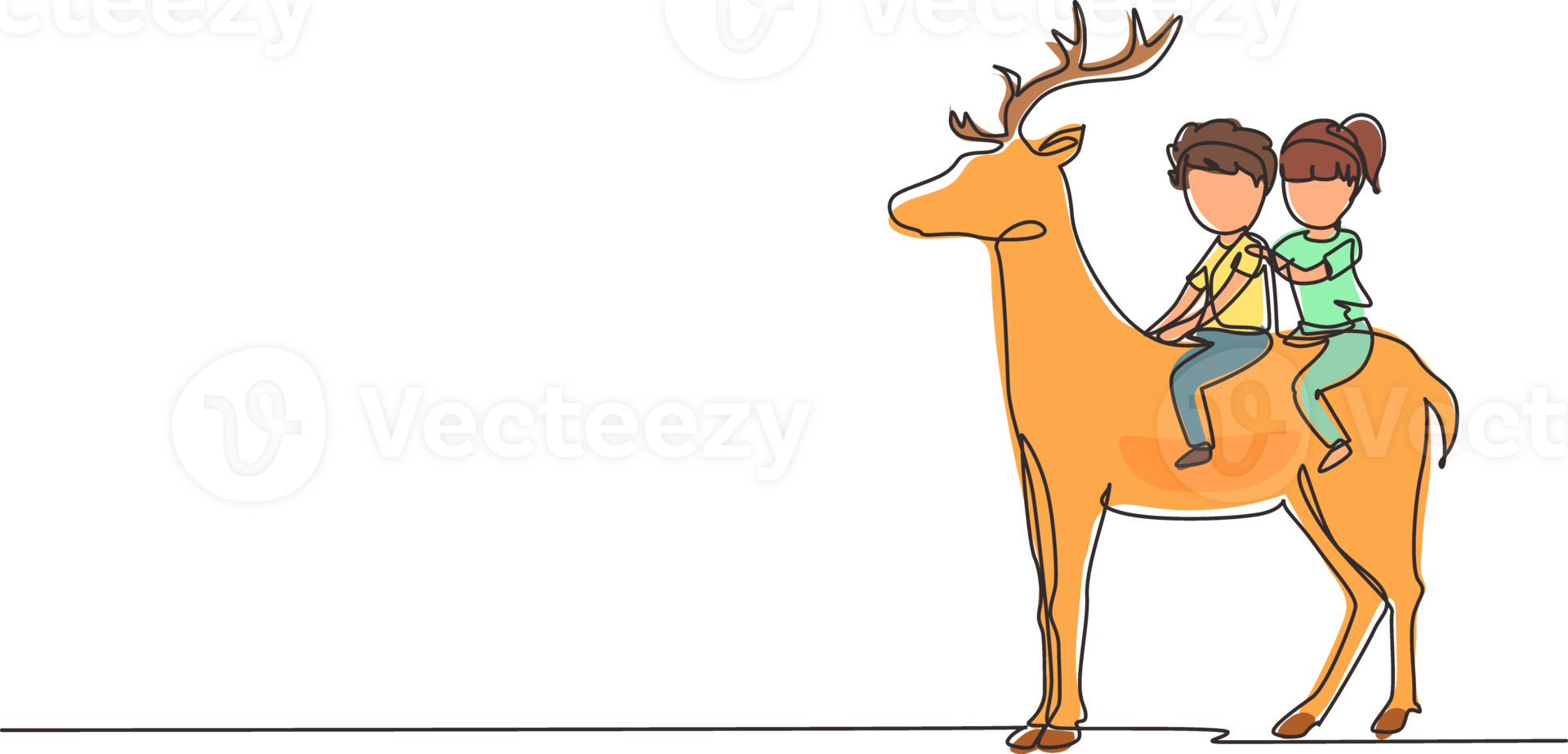 Continuous one line drawing happy boy and girl riding deer together. Children sitting on back deer with saddle in ranch ground. Kids learning to ride reindeer. Single line draw designgraphic png