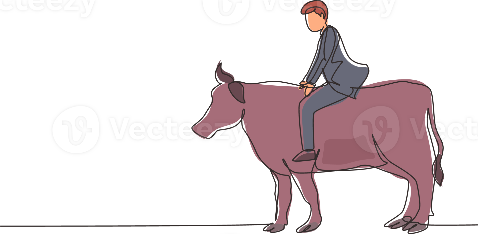 Continuous one line drawing businessman riding cow symbol of success. Business metaphor concept, looking at the goal, achievement, leadership. Single line draw design graphic illustration png