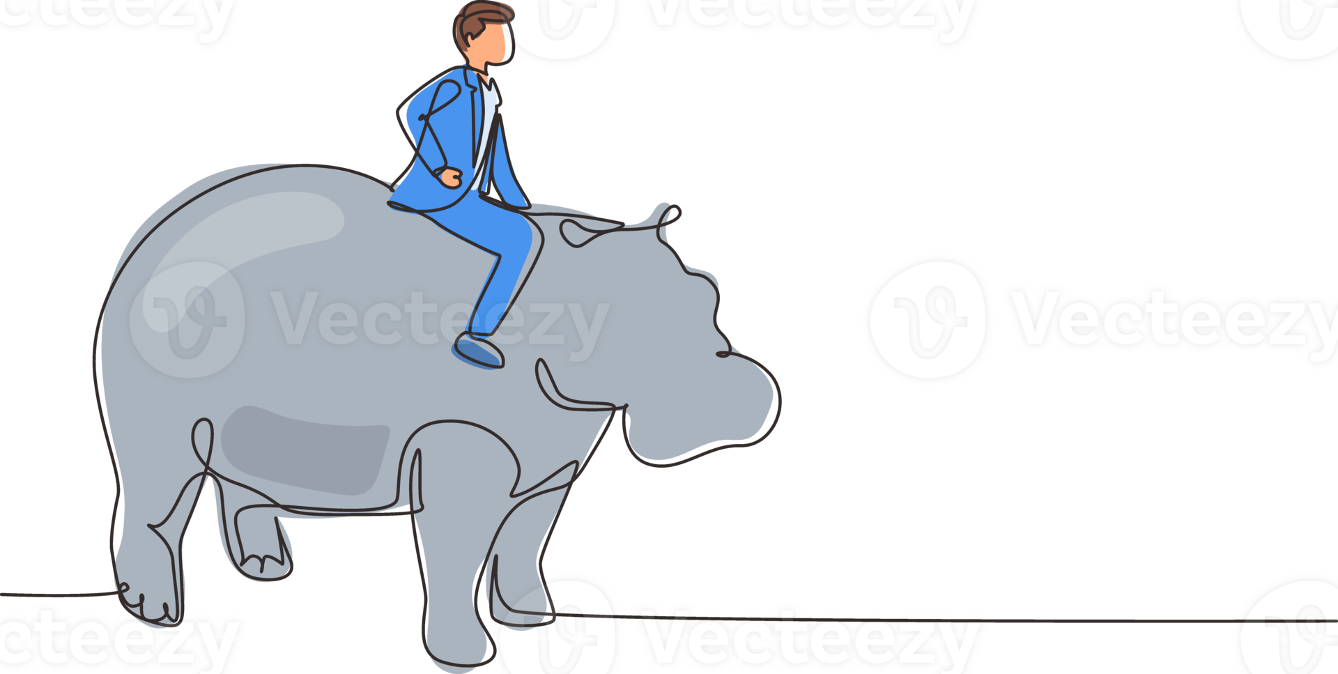 Single continuous line drawing businessman riding hippopotamus symbol of success. Business metaphor concept, looking at goal, achievement, leadership. One line draw graphic design illustration png