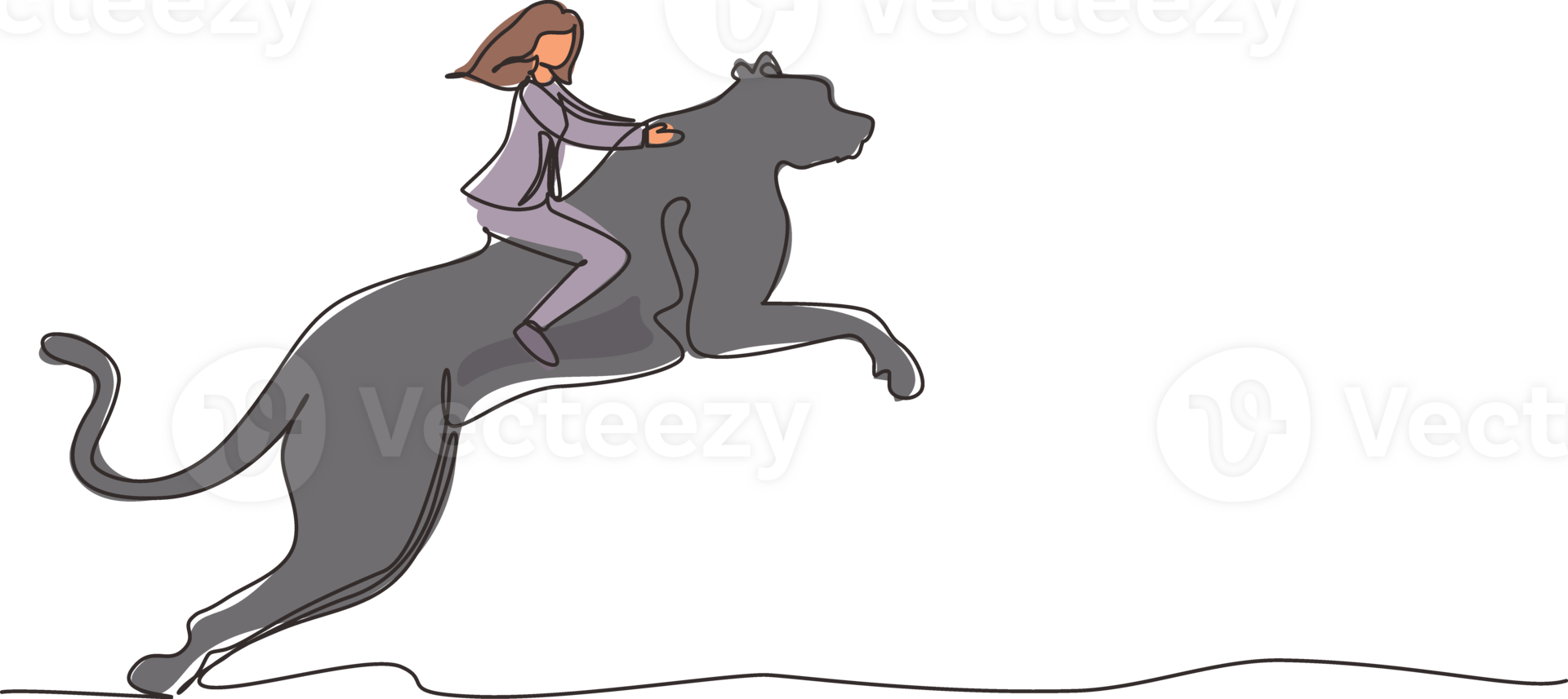 Single continuous line drawing businesswoman riding cheetah symbol of success. Business metaphor concept, looking at the goal, achievement, leadership. One line draw graphic design illustration png