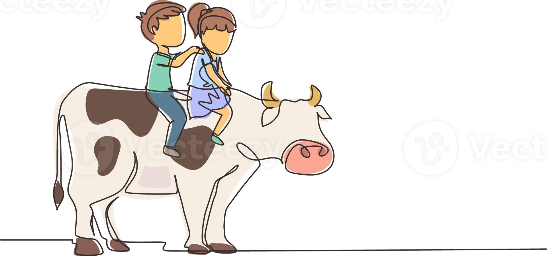 Single one line drawing happy little boy and girl riding cow together. Children sitting on back cow with saddle in ranch ground. Kids learning to ride cow. Continuous line draw design graphic png