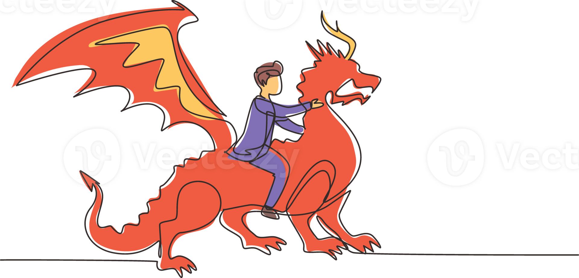 Célibataire continu ligne dessin homme d'affaire équitation dragon. conquête adversité, courage, la victoire, direction dans entreprise. professionnel entrepreneur. un ligne dessiner graphique conception illustration png