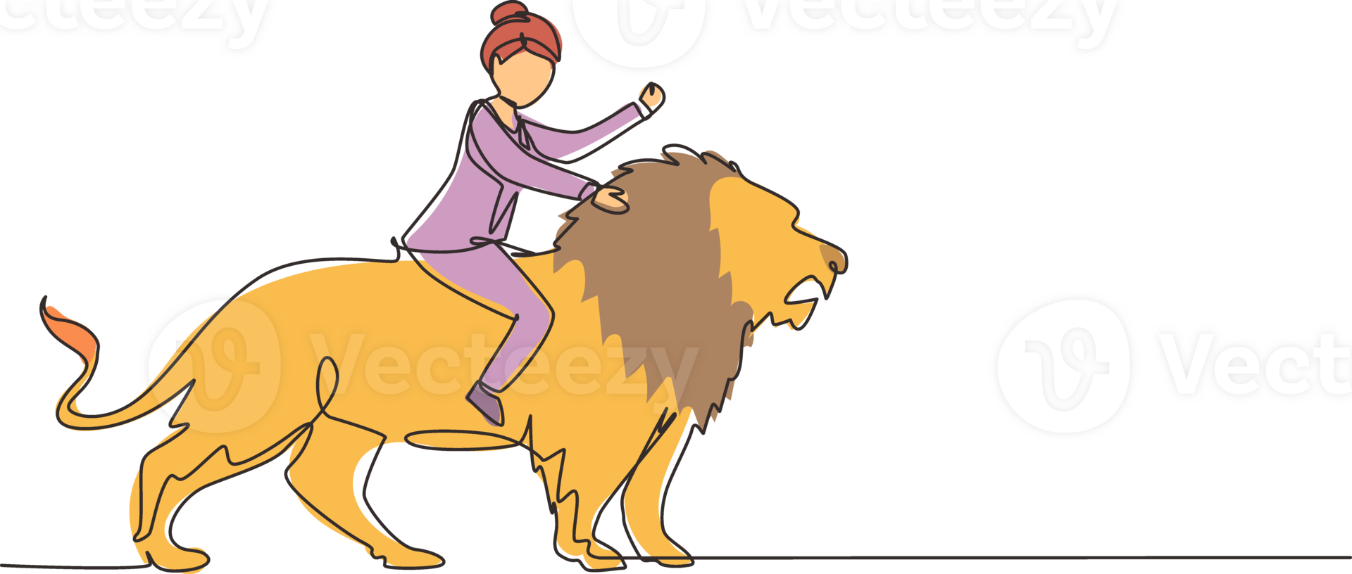 Single one line drawing businesswoman riding lion symbol of success. Business metaphor concept, looking at goal, achievement, leadership. Professional entrepreneur. Continuous line draw design graphic png