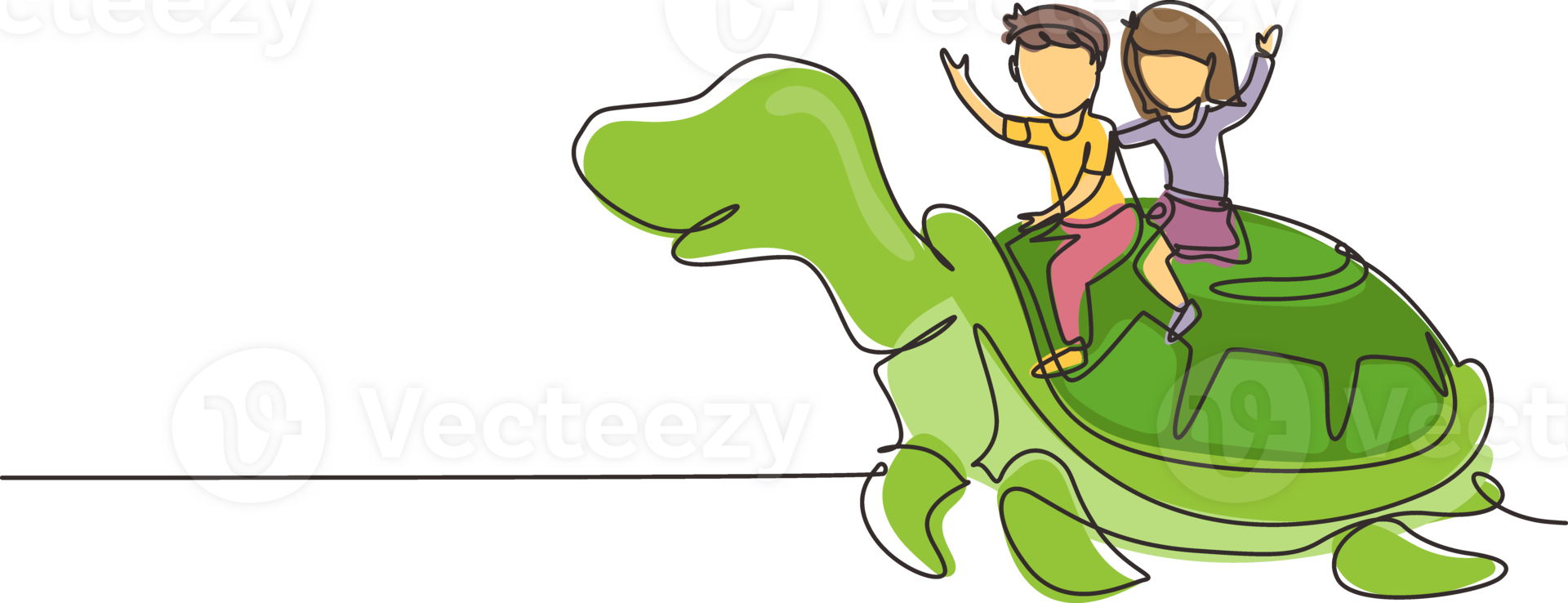 Continuous one line drawing little boy and girl riding sea turtle together. Children sitting on back tortoise with fins diving in beach. Kids learning to ride turtle. Single line draw design png