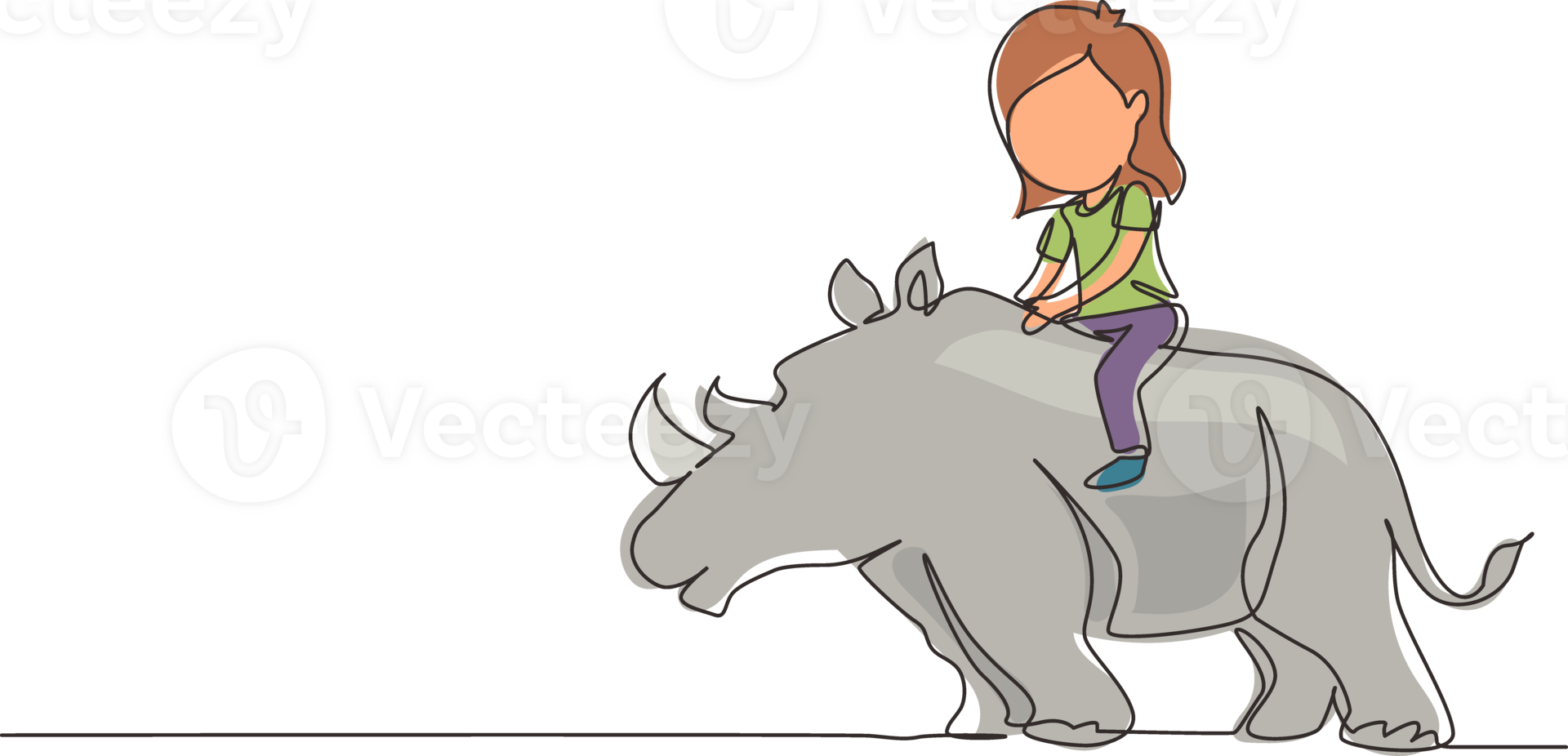 Single one line drawing happy girl riding rhino rhinoceros. Child sitting on back rhinoceros in zoo. Kids learning to ride rhinoceros. Modern continuous line draw design graphic illustration png