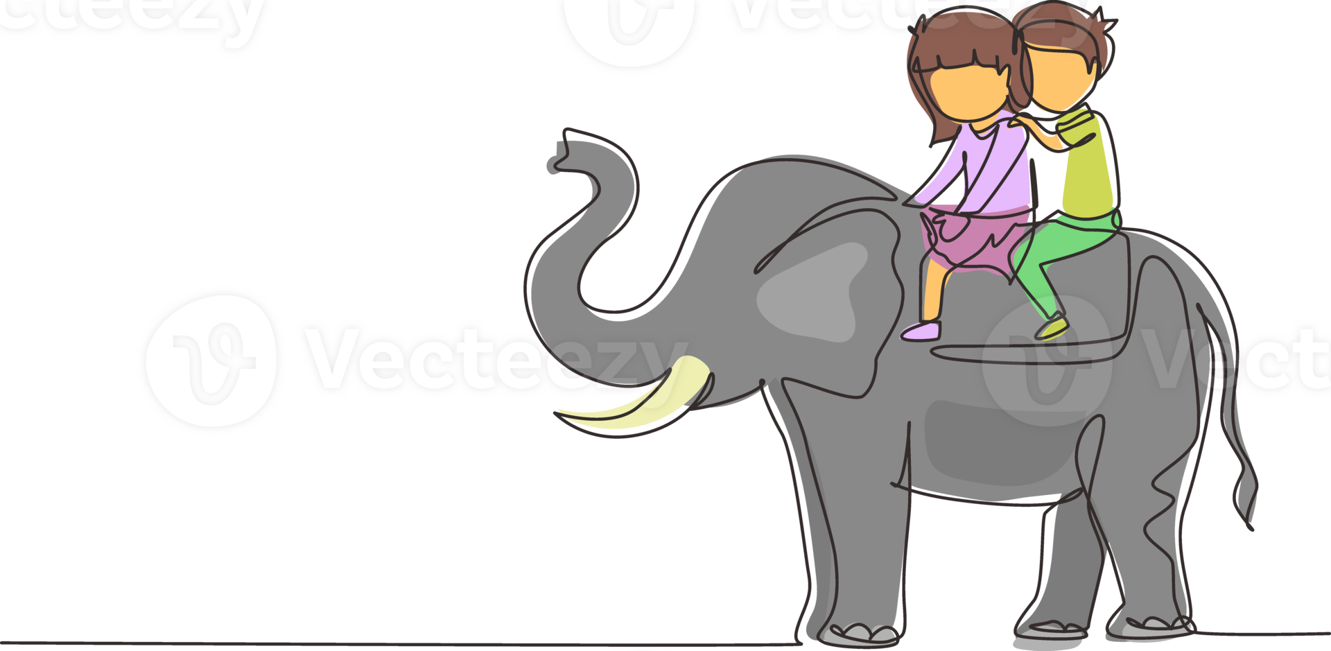 Single continuous line drawing happy little boy and girl riding elephant together. Children sitting on back elephant and travelling. Kids learning to ride elephant. One line draw graphic design png
