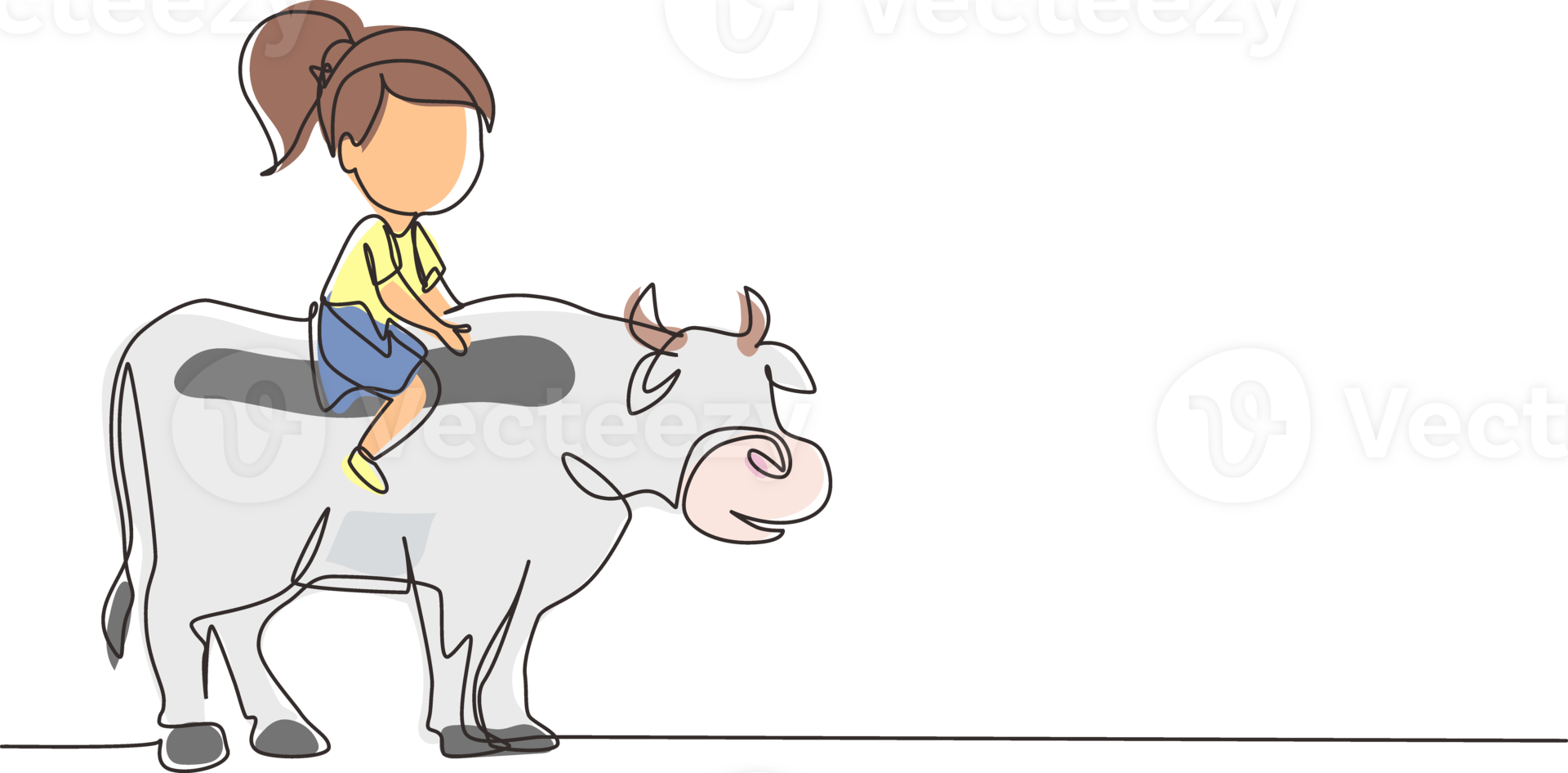 Continuous one line drawing happy little girl riding cow. Cheerful child sitting on back cow with saddle in ranch ground. Kids learning to ride cow. Single line draw design graphic illustration png