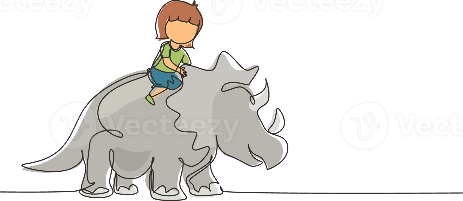 Continuous one line drawing little girl caveman riding triceratops. Young kid sitting on back of dinosaur. Stone age children. Ancient human life. Single line draw design graphic illustration png