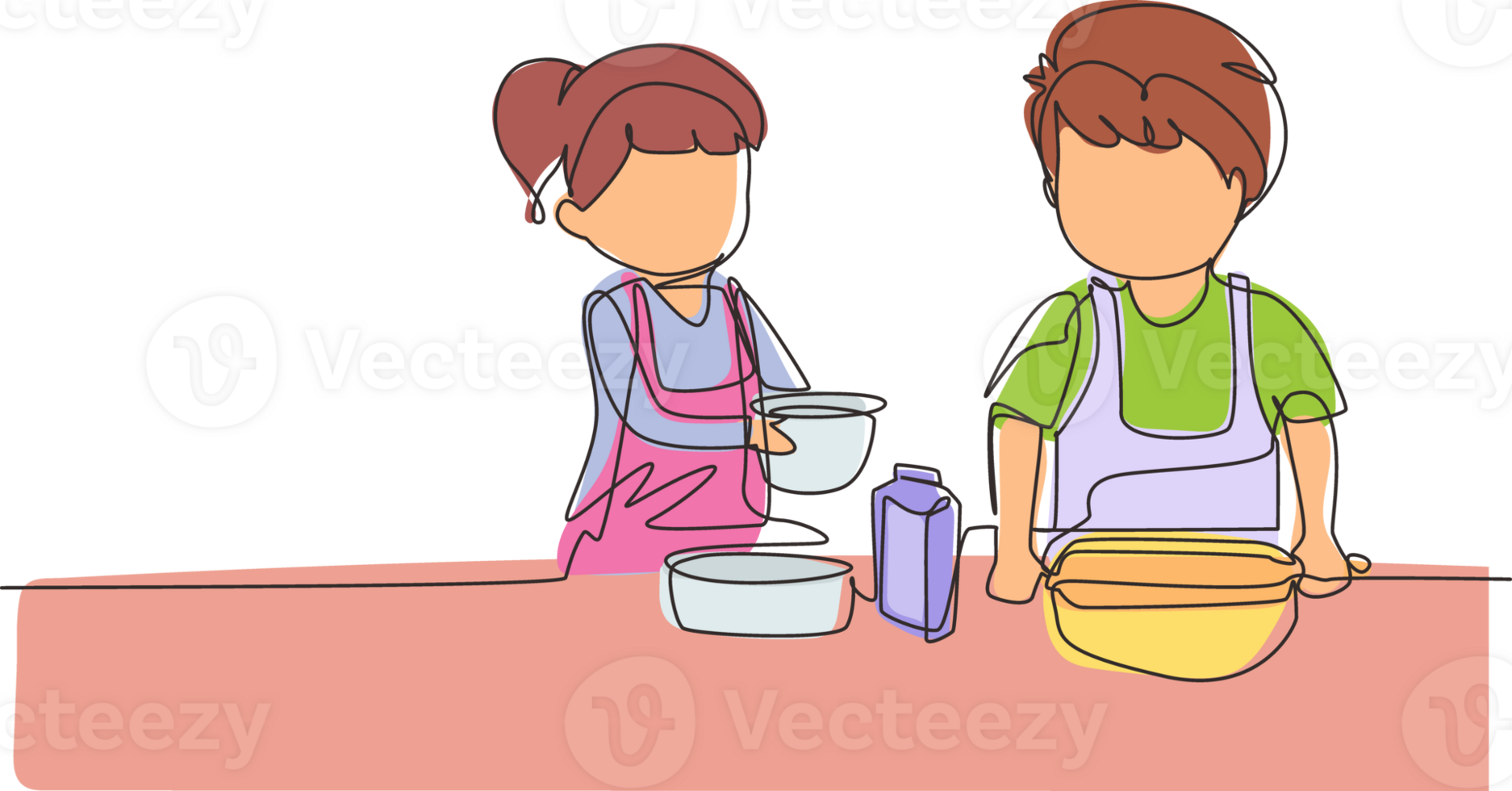 Continuous one line drawing siblings boy and girl baking together with rolling pin at kitchen counter. Happy kids making homemade bakery at home. Single line draw design graphic illustration png