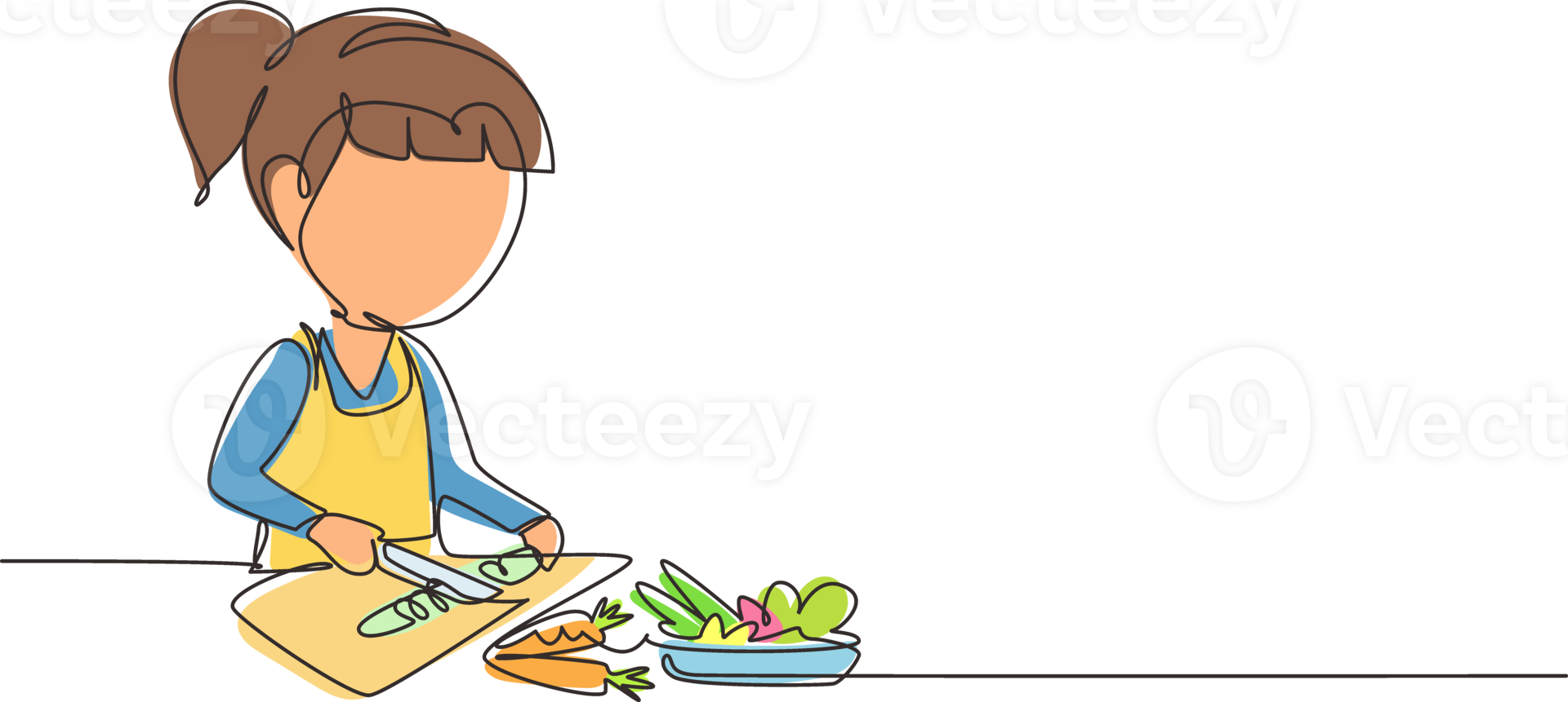 Single continuous line drawing little girl is cutting carrot and other fresh vegetables. Smiling child is enjoying cooking at home to help mother. One line draw graphic design illustration png