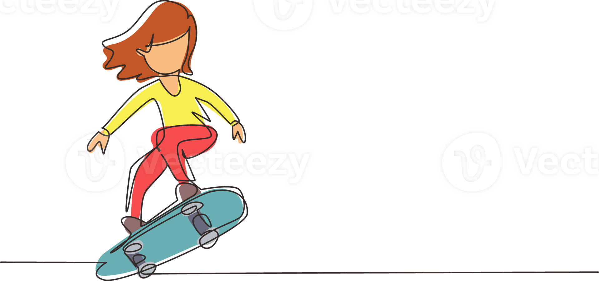 Single continuous line drawing happy smiling girl playing on skateboard. Kid accelerating doing jumping. Children on skateboarding ride at playground. One line draw graphic design illustration png