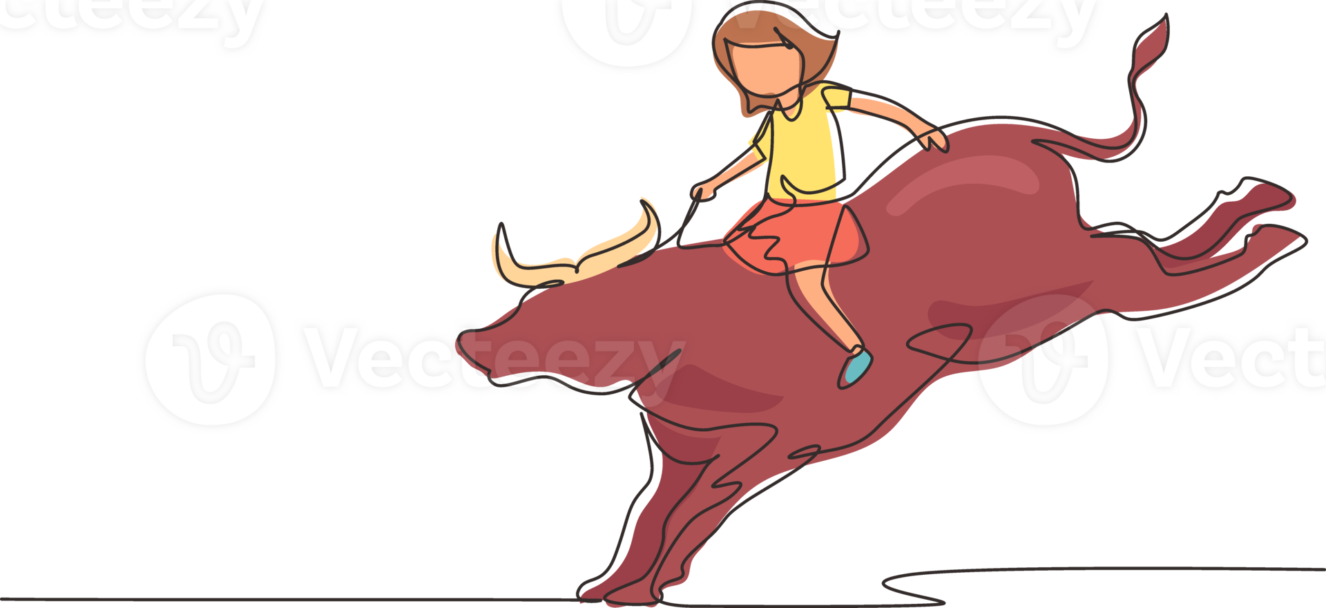 Continuous one line drawing happy cute kid girl riding bull. Child sitting on back bull with saddle in cowboy ranch. Kids learning to ride bull. Single line draw design graphic illustration png