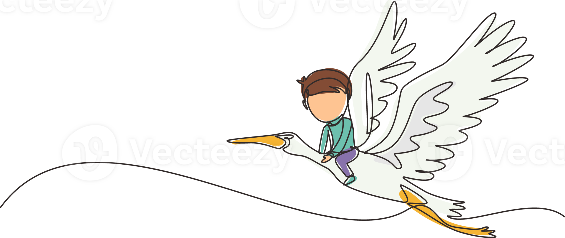 Single one line drawing happy little boy flying with stork. Child fly and sitting on back stork bird at sky. Kids learning to ride cute stork. Continuous line draw design graphic illustration png