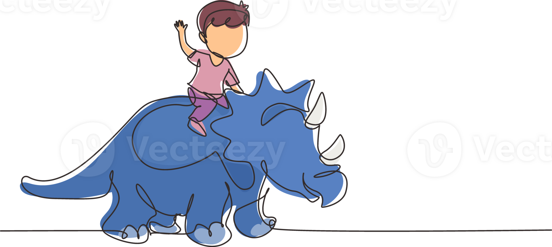 Single one line drawing little boy caveman riding triceratops. Young kid sitting on back of dinosaur. Stone age children. Ancient human life. Continuous line draw design graphic illustration png