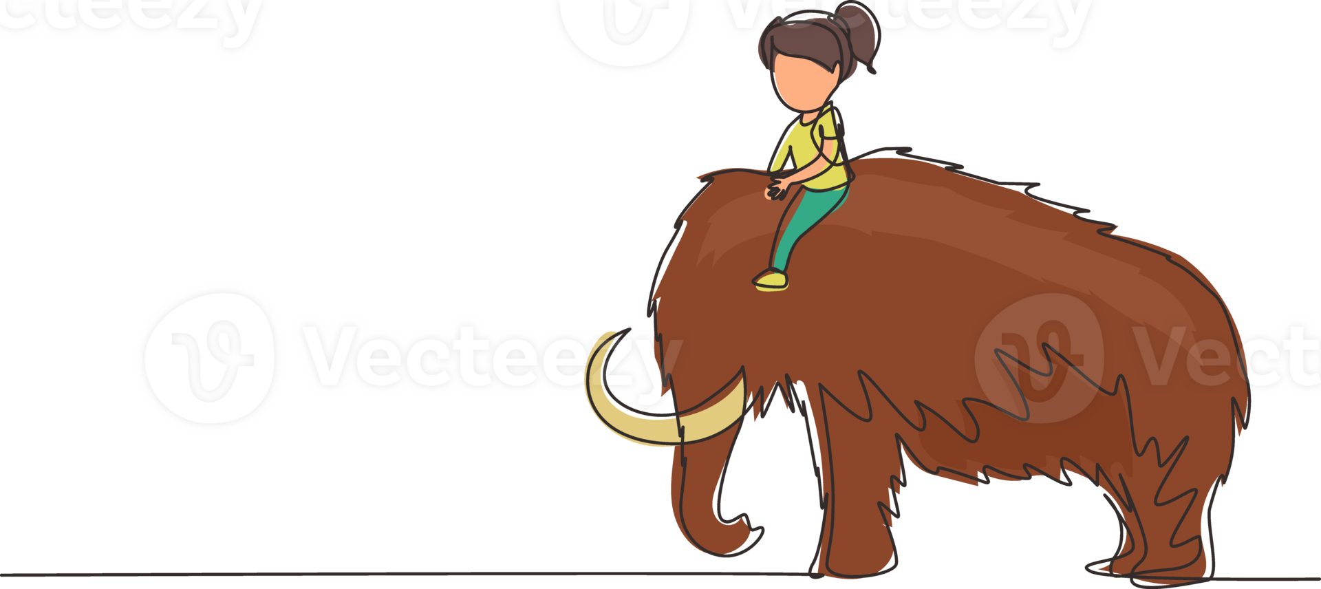 Single continuous line drawing little girl caveman riding woolly mammoth. Young kid sitting on back of mammoth. Stone age children. Ancient human life. One line draw graphic design illustration png