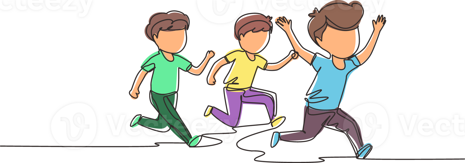 Single continuous line drawing children in athletics competitions. The boys run in stadium and finish. The child came running first and won. Dynamic one line draw graphic design illustration png