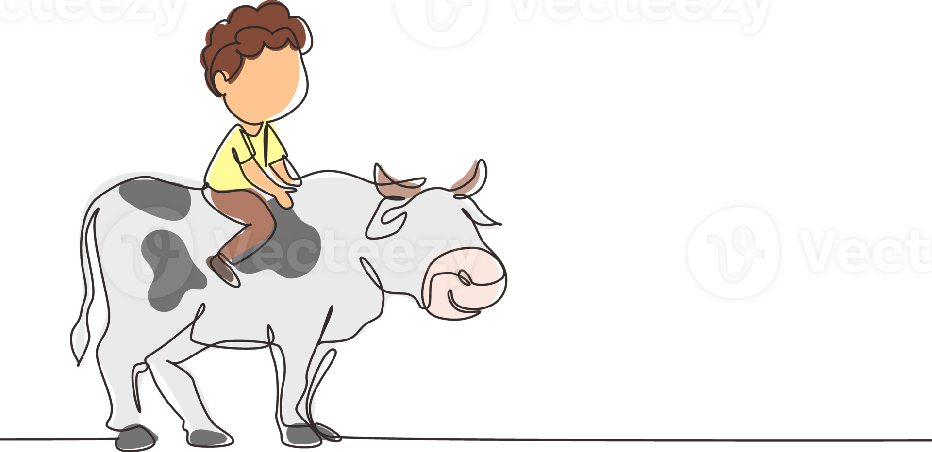 continuo uno linea disegno contento poco ragazzo equitazione mucca. allegro bambino seduta su indietro mucca con sella nel ranch terra. bambini apprendimento per cavalcata mucca. singolo linea disegnare design grafico illustrazione png