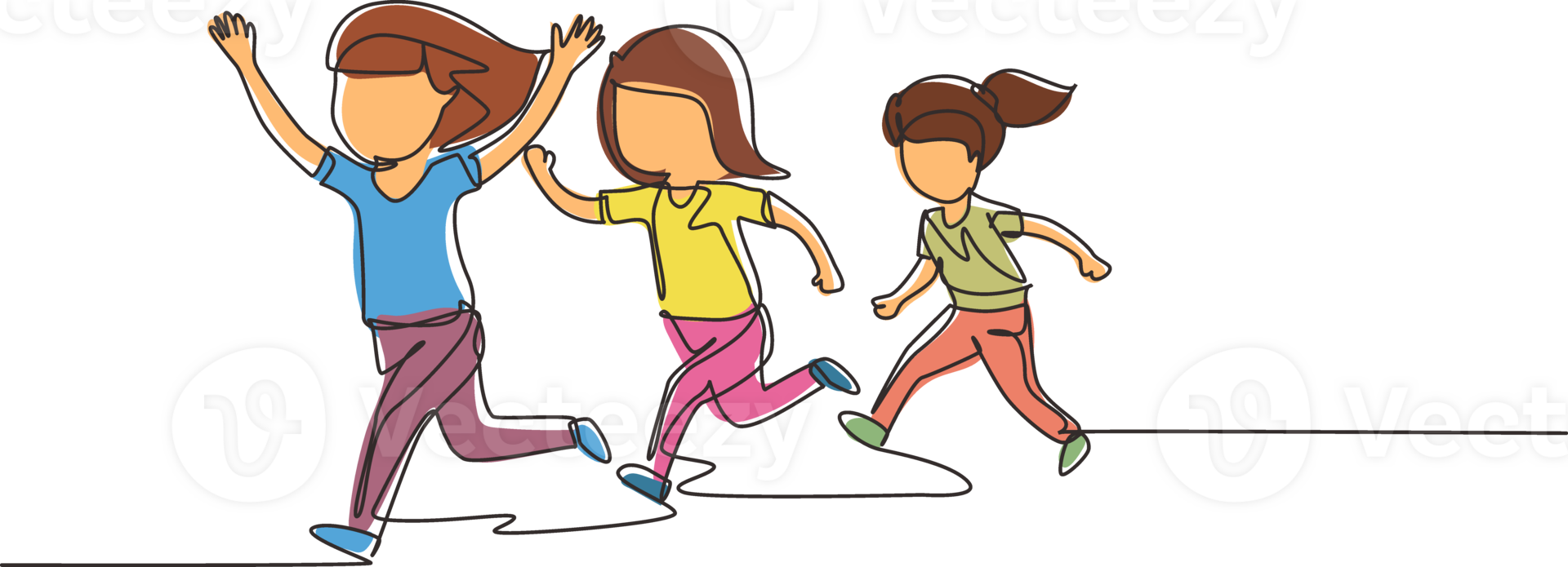 Single continuous line drawing children in athletics competitions. The girls run in stadium and finish. The child came running first and won. Dynamic one line draw graphic design illustration png