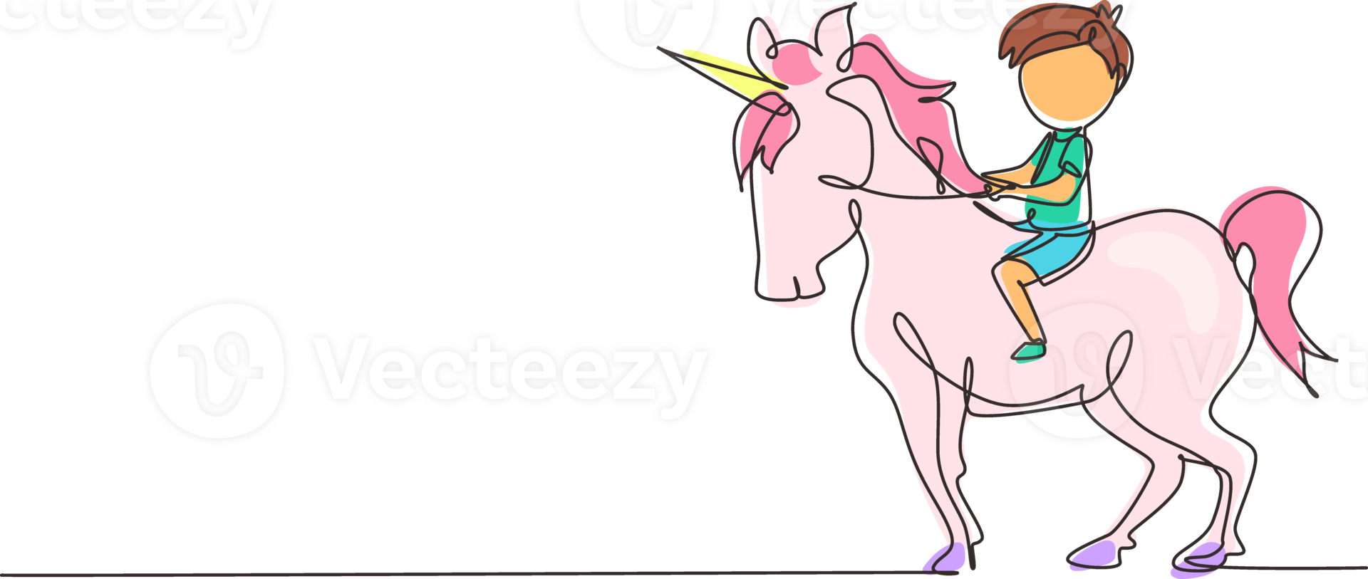 Continuous one line drawing happy cute boy riding cute unicorn. Child sitting on back unicorn in fairy tale dream. Kids learning to ride unicorn. Single line draw design graphic illustration png