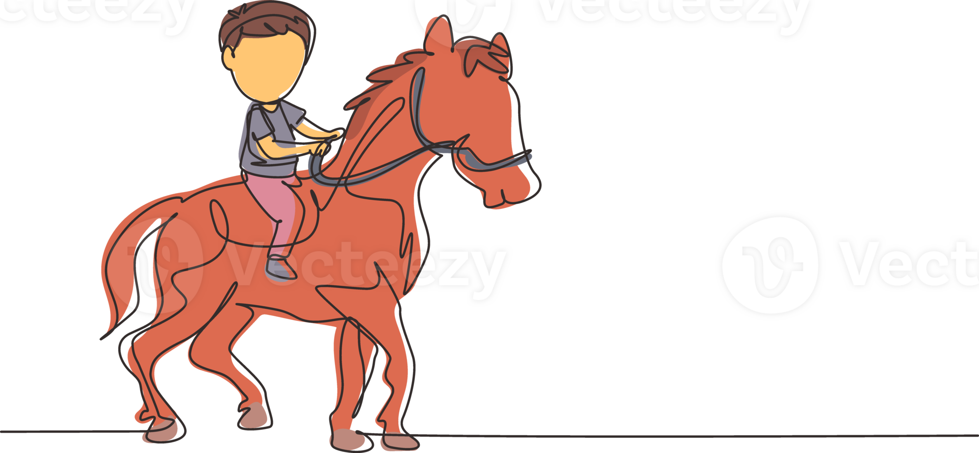 Single continuous line drawing happy cute boy riding cute horse. Child sitting on back horse with saddle in ranch park. Kids learning to ride horse. One line draw graphic design illustration png