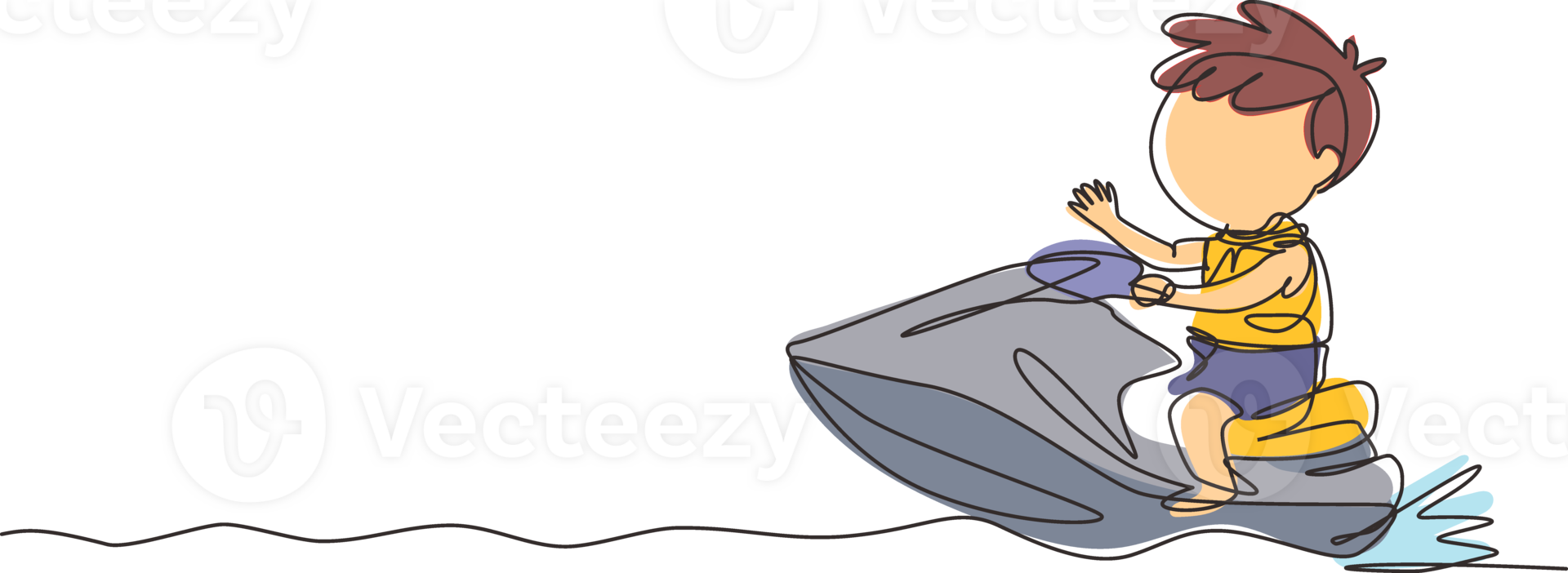 Continuous one line drawing active boy riding jet ski. Happy smiling child with rides water scooter on ocean waves. Summer water sport concept. Single line draw design graphic illustration png