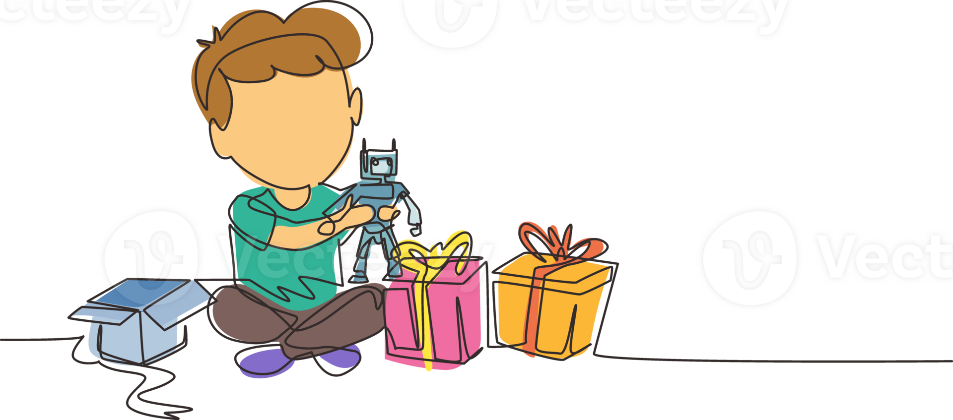Single continuous line drawing excited little boy kid opening wrapped gift box decorated with ribbon bow. Happy cute little kid boy receive robot toy gift from birthday. Dynamic one line draw graphic png