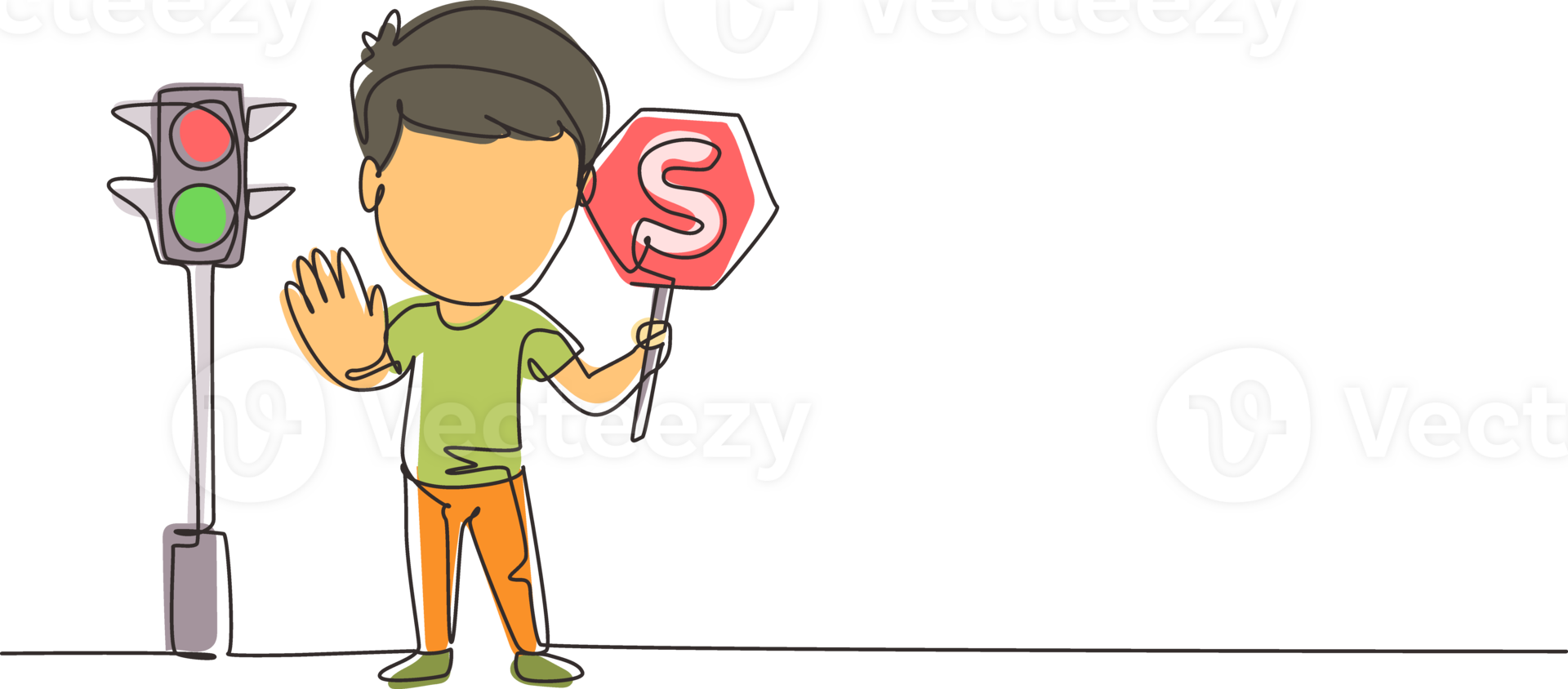 Single continuous line drawing little boy holding stop sign in arm standing near road, pedestrian rules for kids, traffic light in style. Child holding stop sign. Dynamic one line draw graphic png