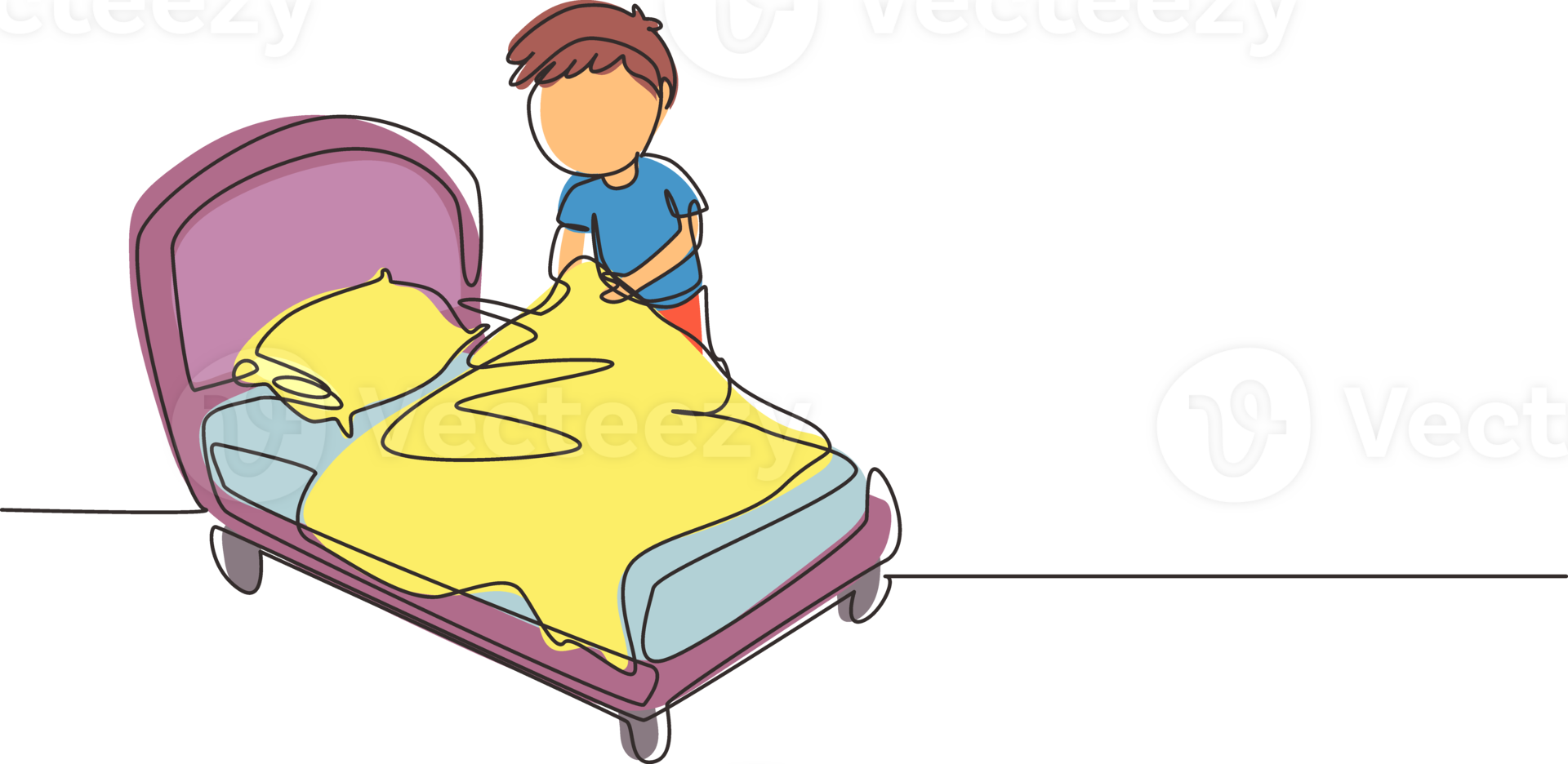 Single continuous line drawing little boy making the bed. Kids doing housework chores at home concept. Kids routine after waking up to tidy up the bed. One line draw graphic design illustration png