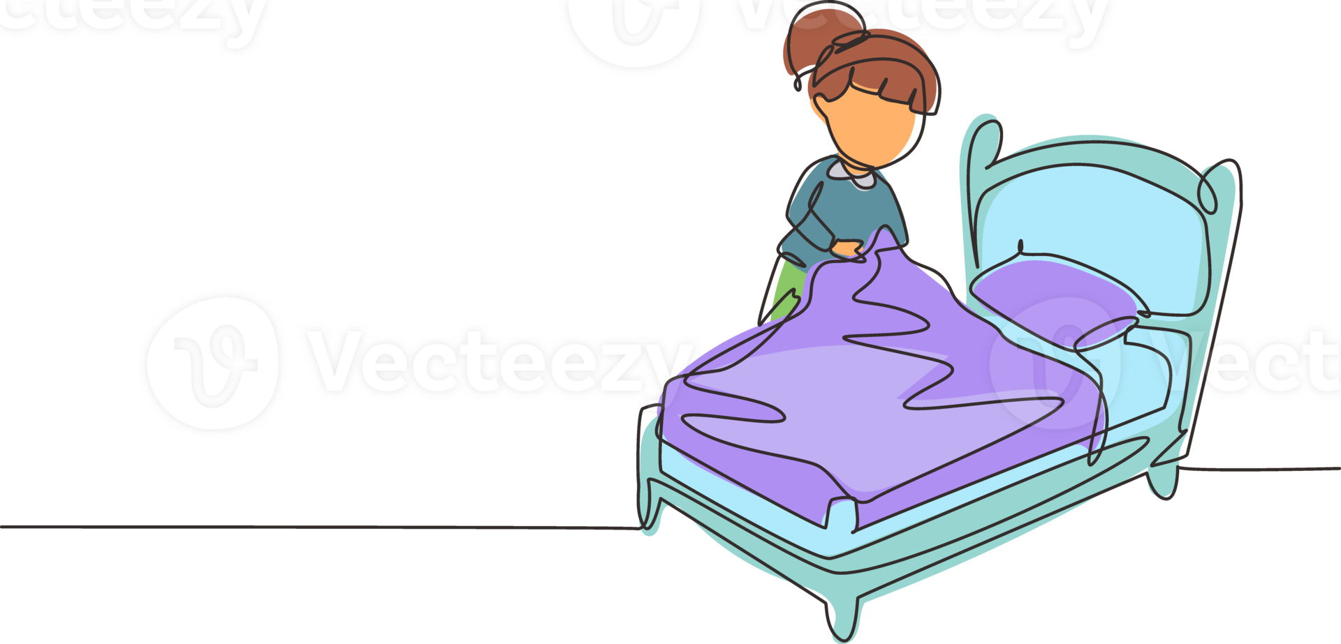 Continuous one line drawing cute girl making the bed. Kids doing housework chores at home concept. Kids routine after waking up to tidy up the bed. Single line draw design graphic illustration png