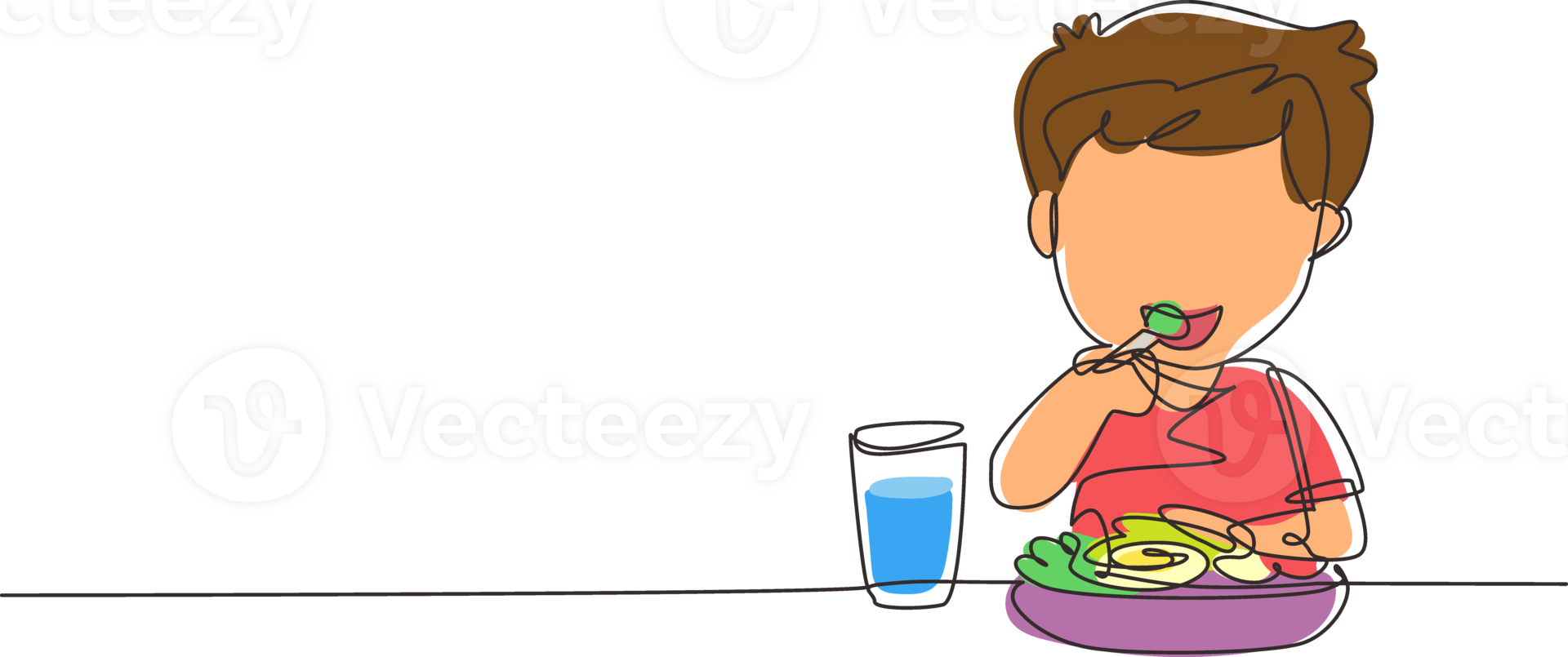 Single one line drawing boy eating healthy morning breakfast food. Happy child eat delicious food with milk at home. School boy enjoying dish. Continuous line draw design graphic illustration png