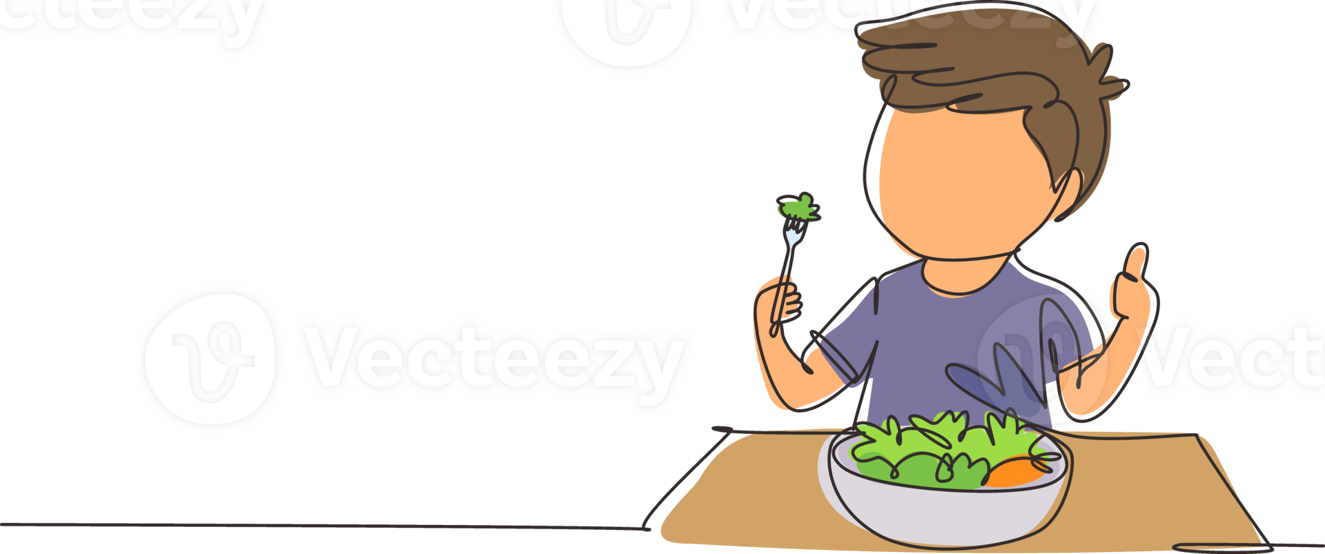 Single one line drawing little boy eating fresh vegetable salad and showing thumb up sign. Child eating salad. Healthy food for kids. Modern continuous line draw design graphic illustration png