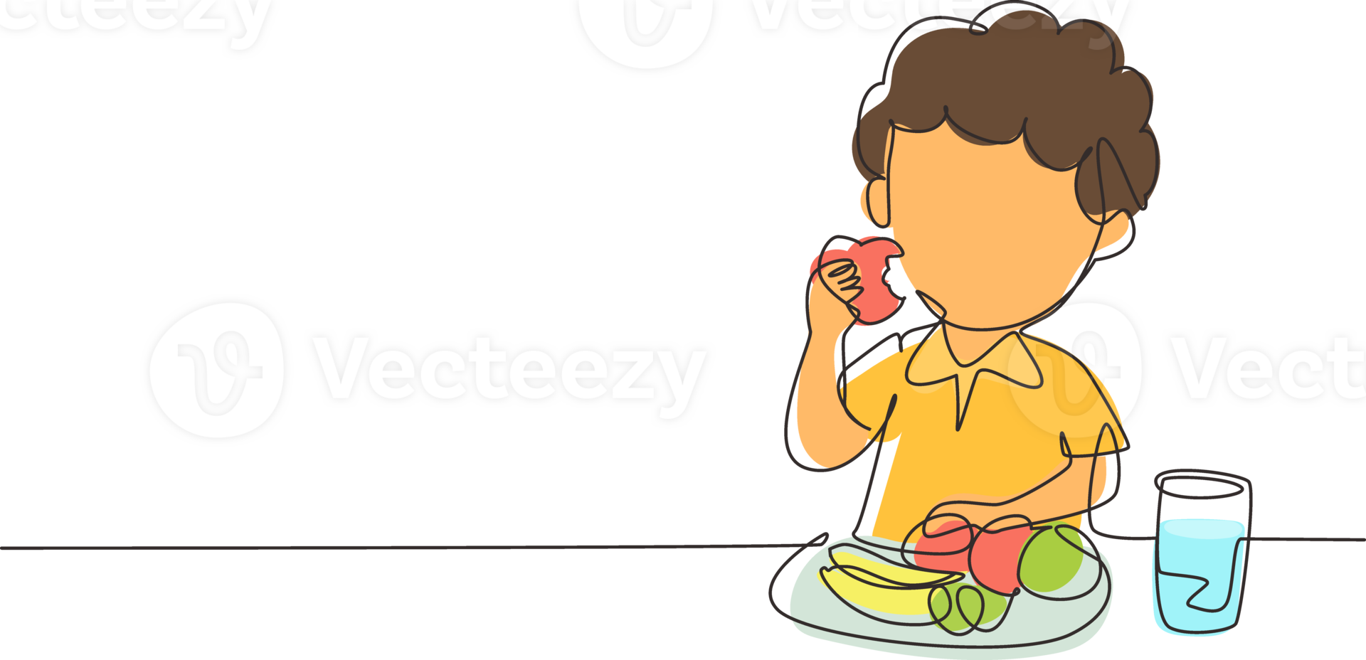 Single one line drawing boy eating fruit. Sitting at table eating apple. Watermelon and banana in tray placed on table at home. Healthy food for kids. Modern continuous line draw design graphic png