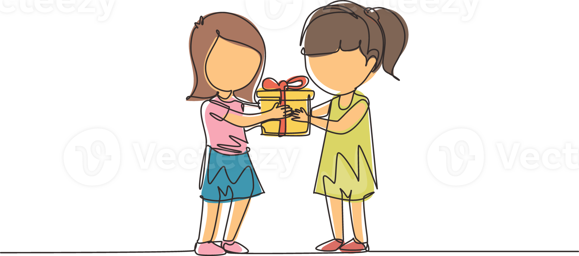 Single one line drawing girl giving her friend birthday ribbon bow gift box. Children excited receiving gift from friend. Child hand over holiday present. Continuous line draw design graphic png