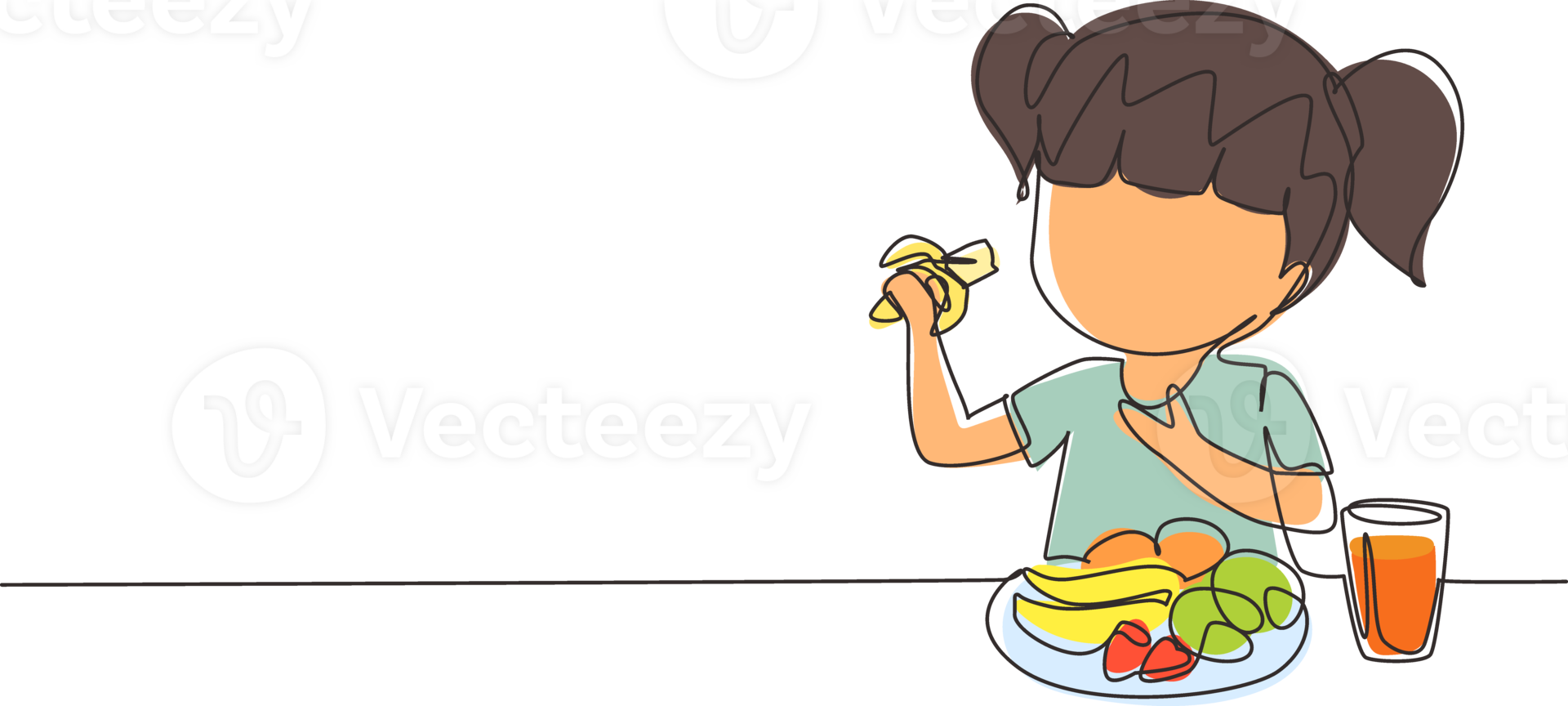 Single continuous line drawing girl eating fruit. Sitting near table eating orange. Watermelon and banana in tray placed on table at home. Healthy food for kids. One line draw graphic design png