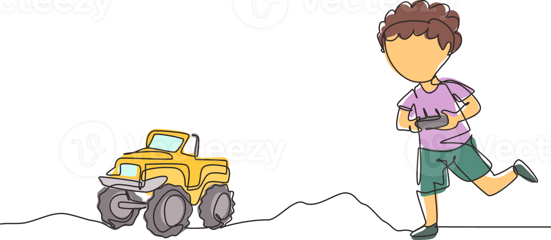 Single one line drawing boy playing with remote-controlled monster truck toy. Kids playing with electronic toy truck with remote control in hands. Continuous line design graphic illustration png