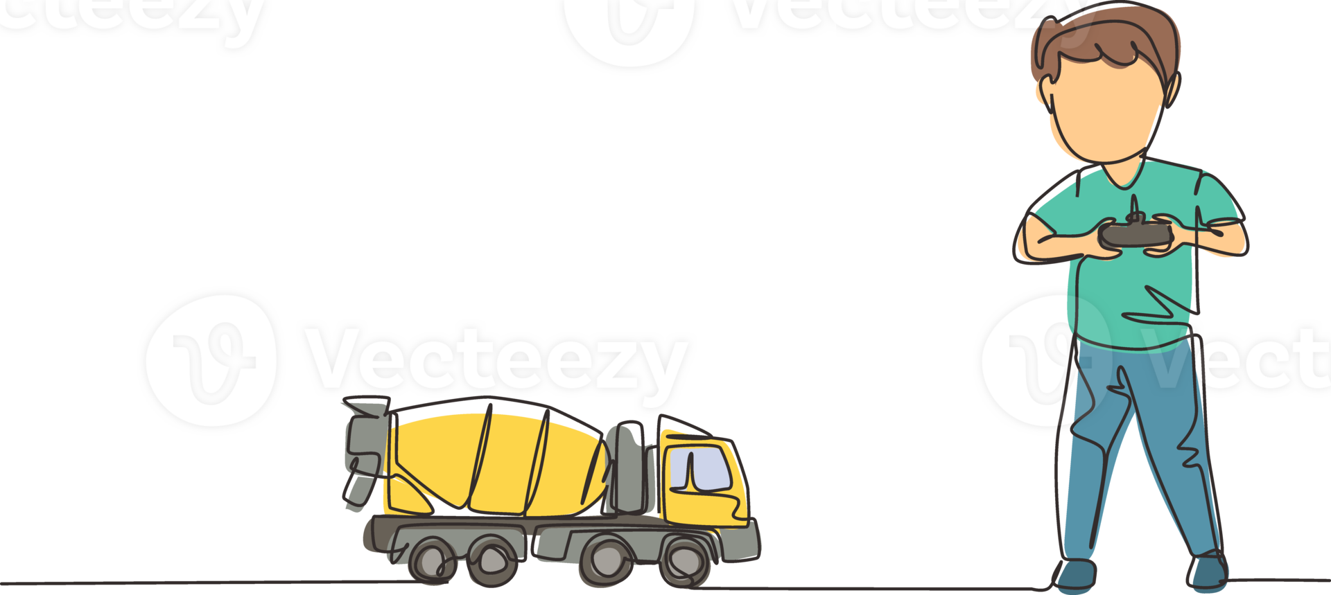 kontinuerlig ett linje teckning pojke spelar med fjärrstyrd mixer lastbil leksak. söt barn spelar med elektronisk leksak mixer lastbil med avlägsen kontrollera i händer. enda linje dra design grafisk png