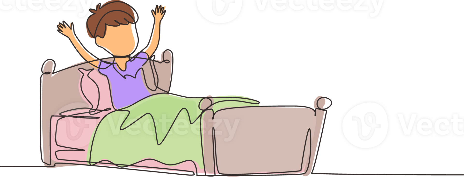 Single one line drawing little boy wake up and still yawning, still lying in bed under blanket. Sleepy child on bed in late weekend morning. Continuous line draw design graphic illustration png