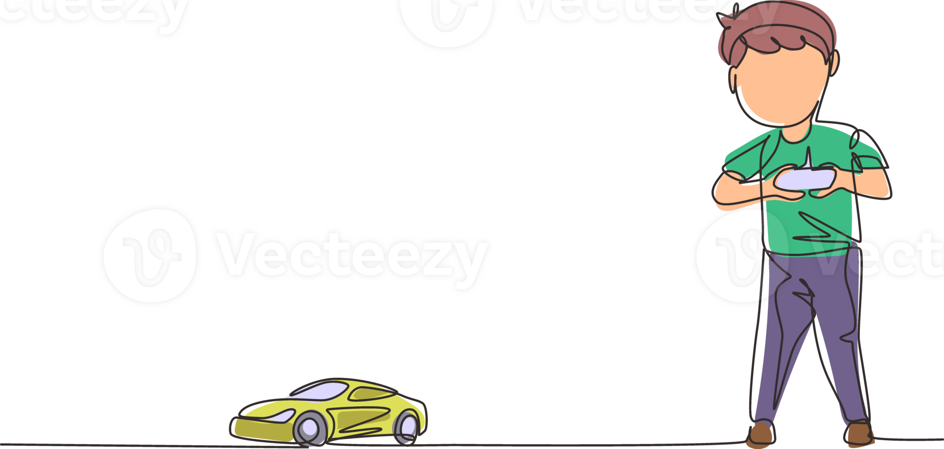 solteiro contínuo linha desenhando pequeno Garoto jogando com Controlado remotamente carro. fofa crianças jogando com eletrônico brinquedo carro com controlo remoto ao controle dentro mãos. 1 linha desenhar gráfico Projeto ilustração png