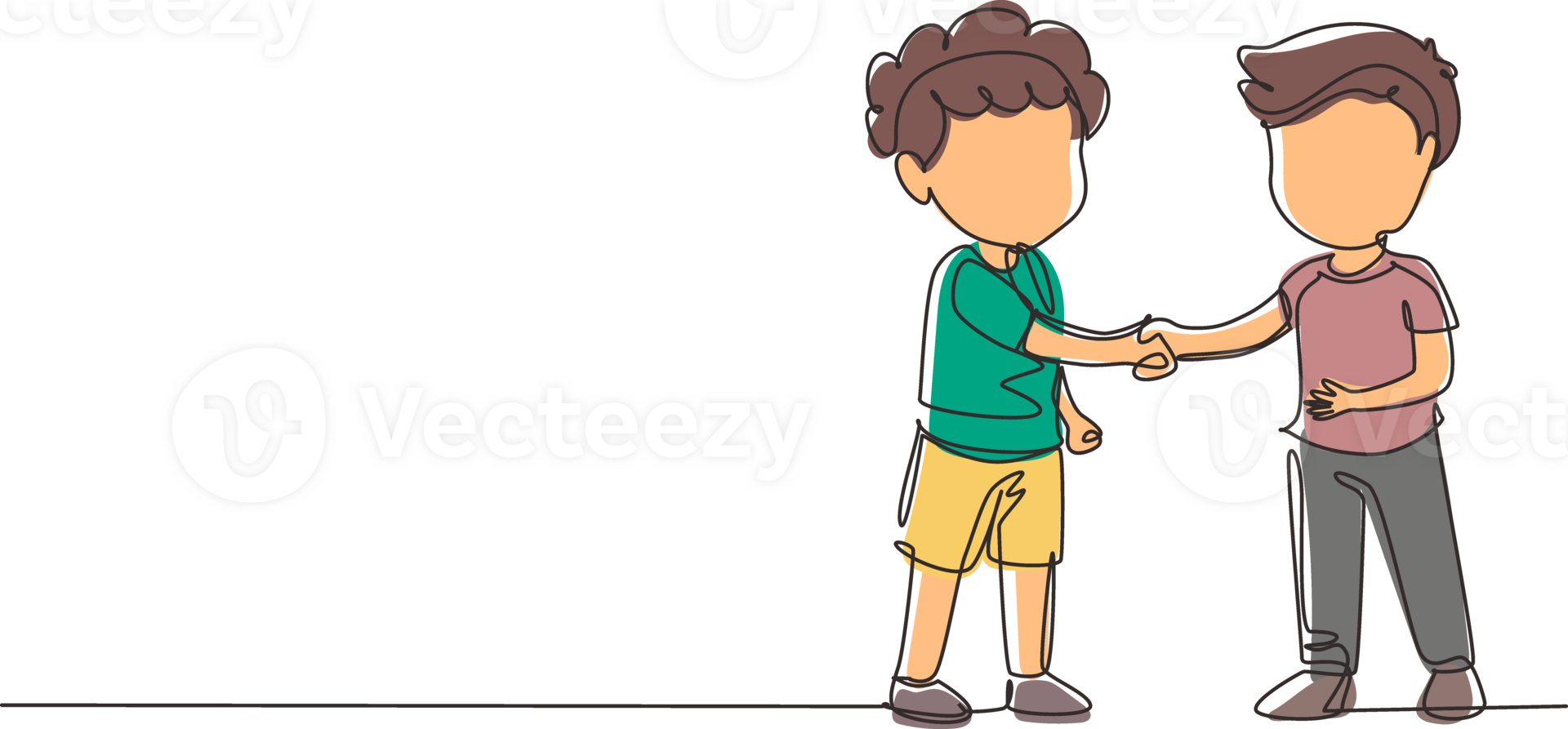 Single one line drawing boys standing and shaking hands making friendship. Children introduce themselves. Cute boys touching each other's hand. Continuous line draw design graphic illustration png