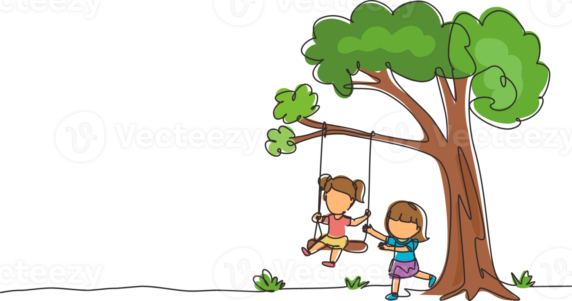 Single one line drawing happy two girls playing on tree swing. Cheerful kids on swinging under a tree. Children playing at playground. Modern continuous line draw design graphic illustration png