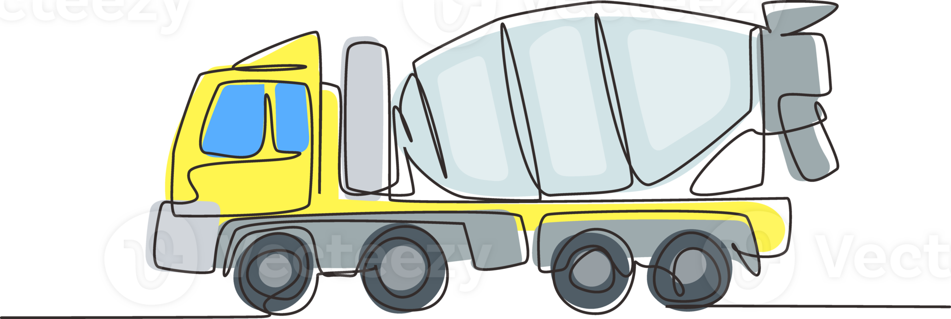 Single continuous line drawing Concrete mixer truck with view from side. Heavy automobile. Auto in flat design. Children's toy mixer truck. Dynamic one line draw graphic design illustration png