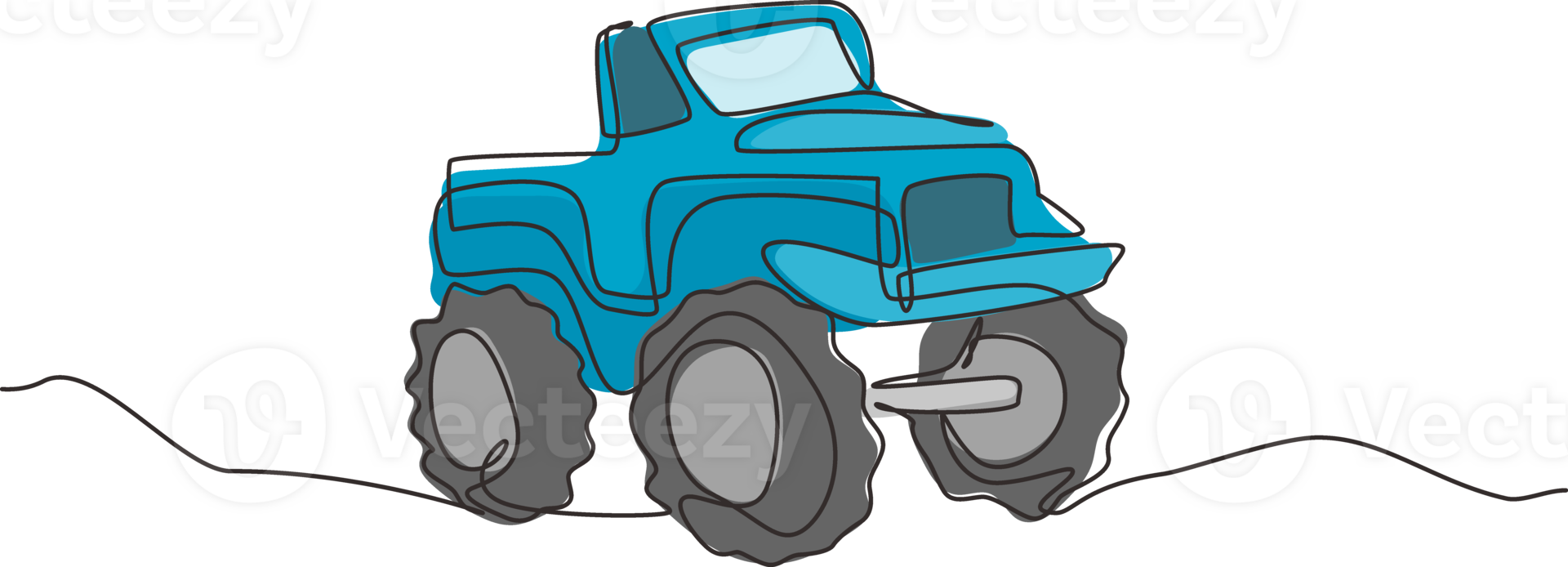 Single continuous line drawing big monster truck. Cartoon funny style. Side view. Extreme automobile. Auto in flat design. Childrens toy monster truck. One line draw graphic design illustration png