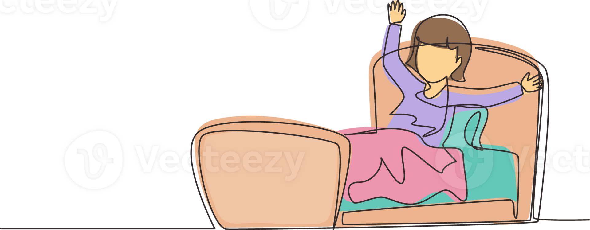 Continuous one line drawing little girl wake up and still yawning, still lying in bed under blanket. Sleepy child on bed in late weekend morning. Single line draw design graphic illustration png