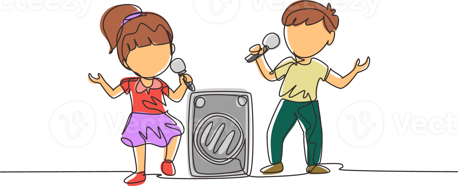 Single one line drawing little boy and girl sing a song together. Good performance and talent on stage. Beautiful melodic singing of children. Continuous line draw design graphic illustration png