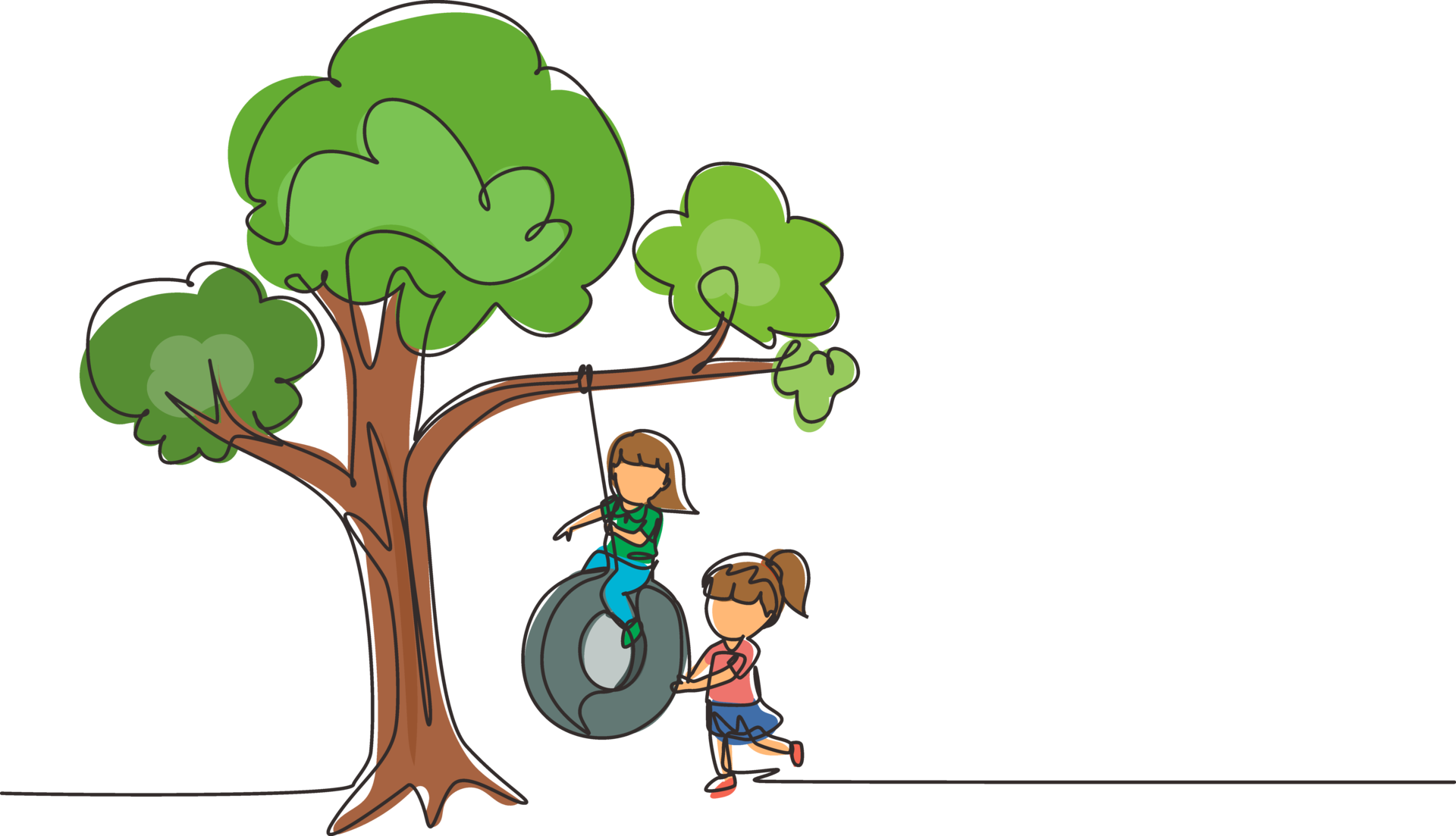 Single one line drawing happy two girls playing tire swing under tree