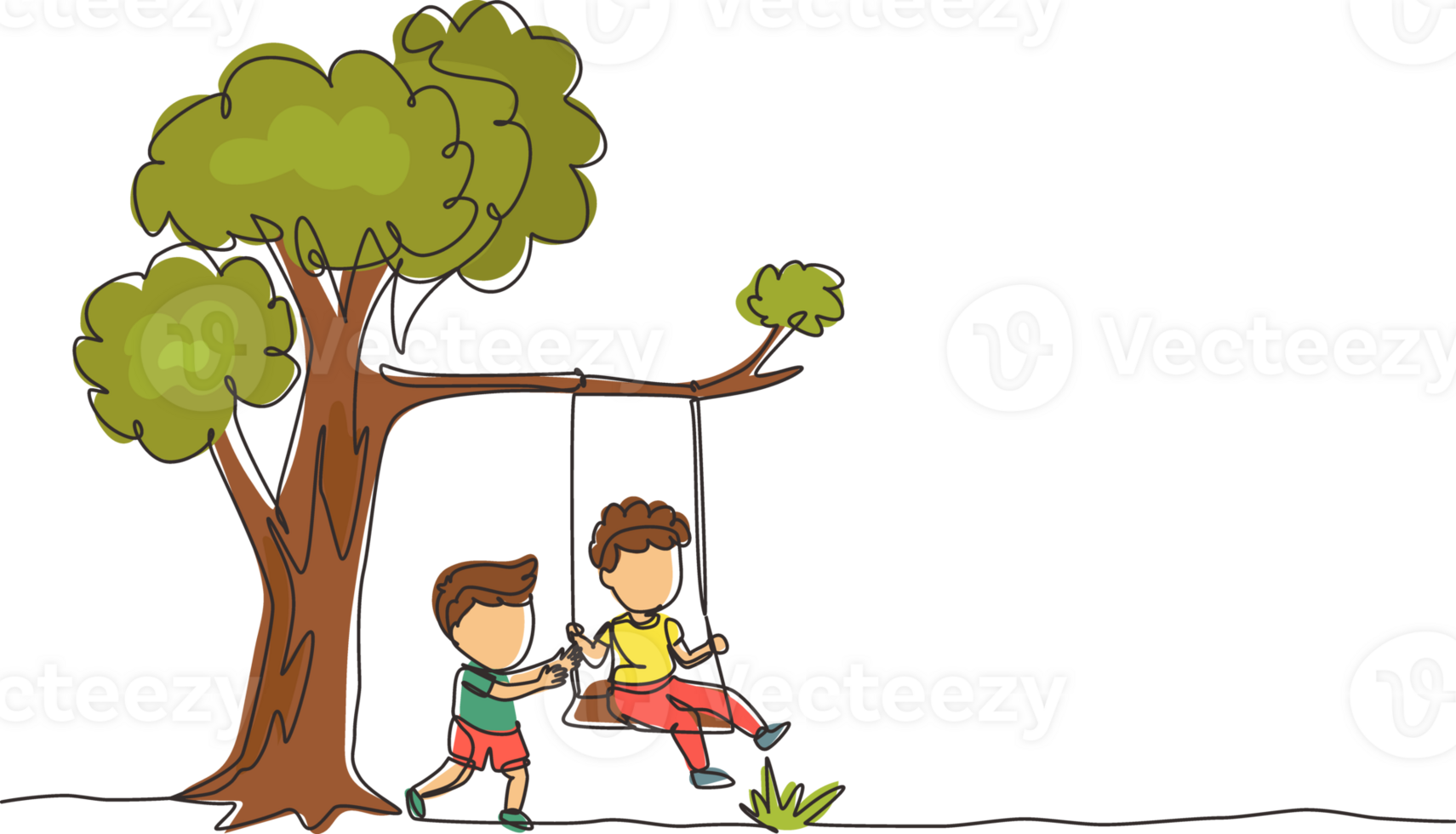 Single continuous line drawing happy two boys playing on tree swing. Cheerful kids on swinging under a tree. Children playing at playground. Dynamic one line draw graphic design illustration png
