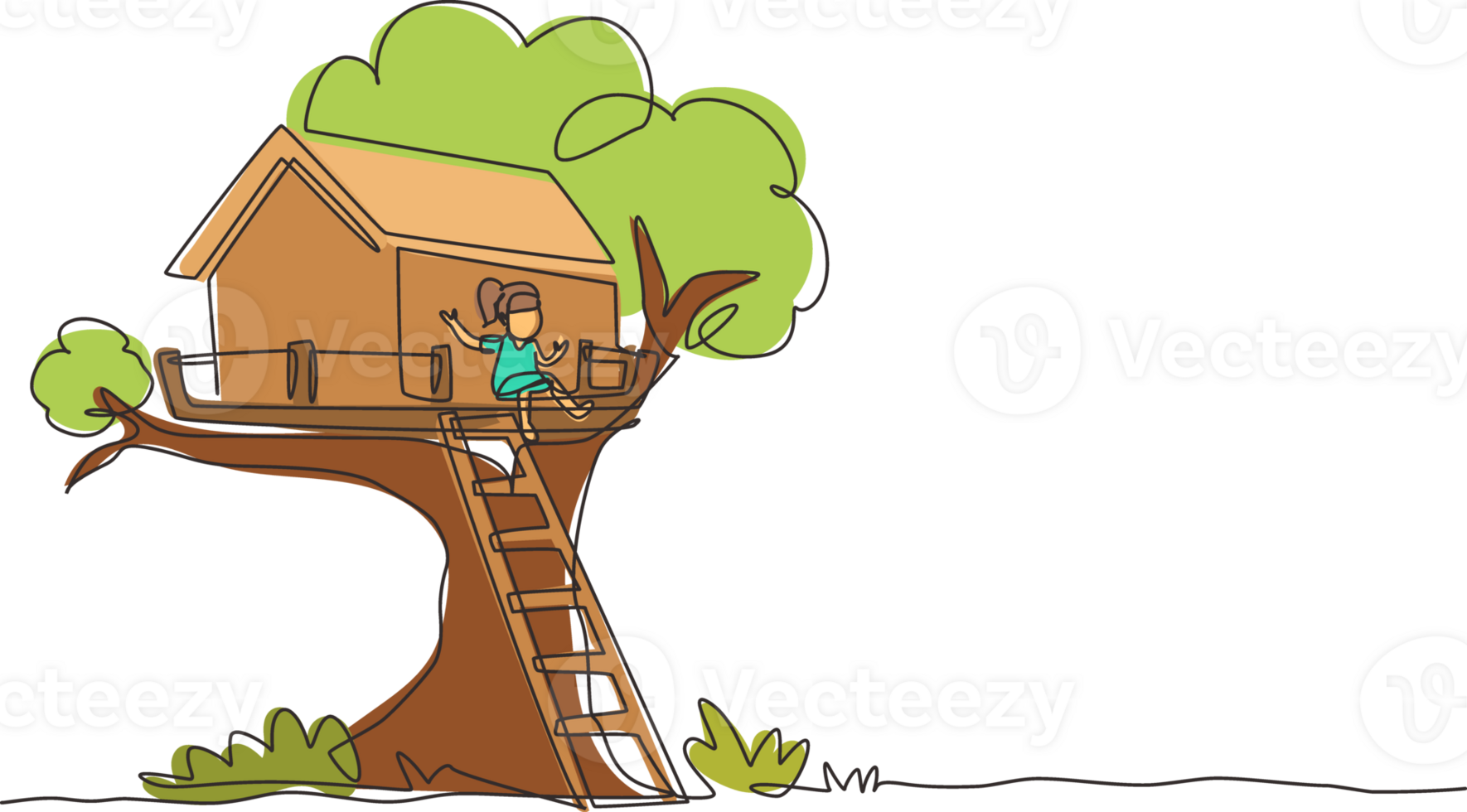Single continuous line drawing happy child on tree house, little girl playing on children playground, treehouse with wooden ladder, place for kids games on summer. One line draw graphic design png