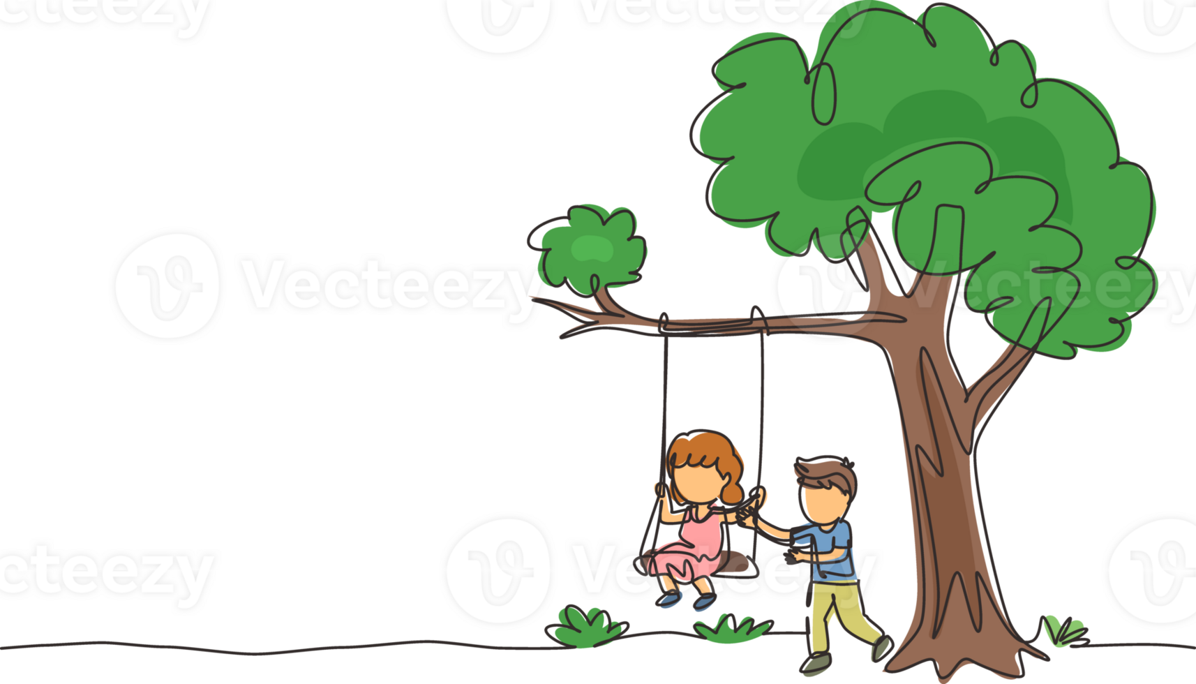 Continuous one line drawing happy boys and girls playing on tree swing. Cheerful kids on swinging under a tree. Cute children playing in playground. Single line draw design graphic illustration png