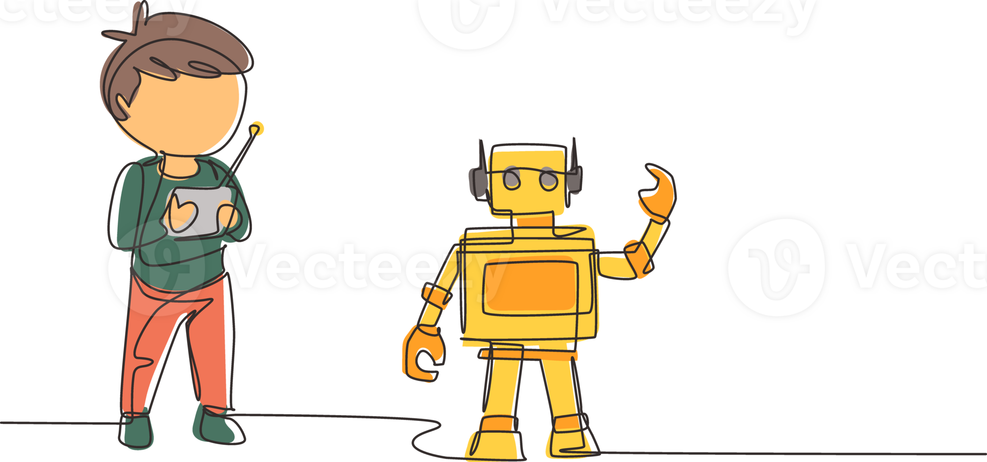 Single one line drawing boy playing with remote-controlled robot toy. Cute kids playing with electronic toy robot with remote control in hands. Continuous line draw design graphic illustration png