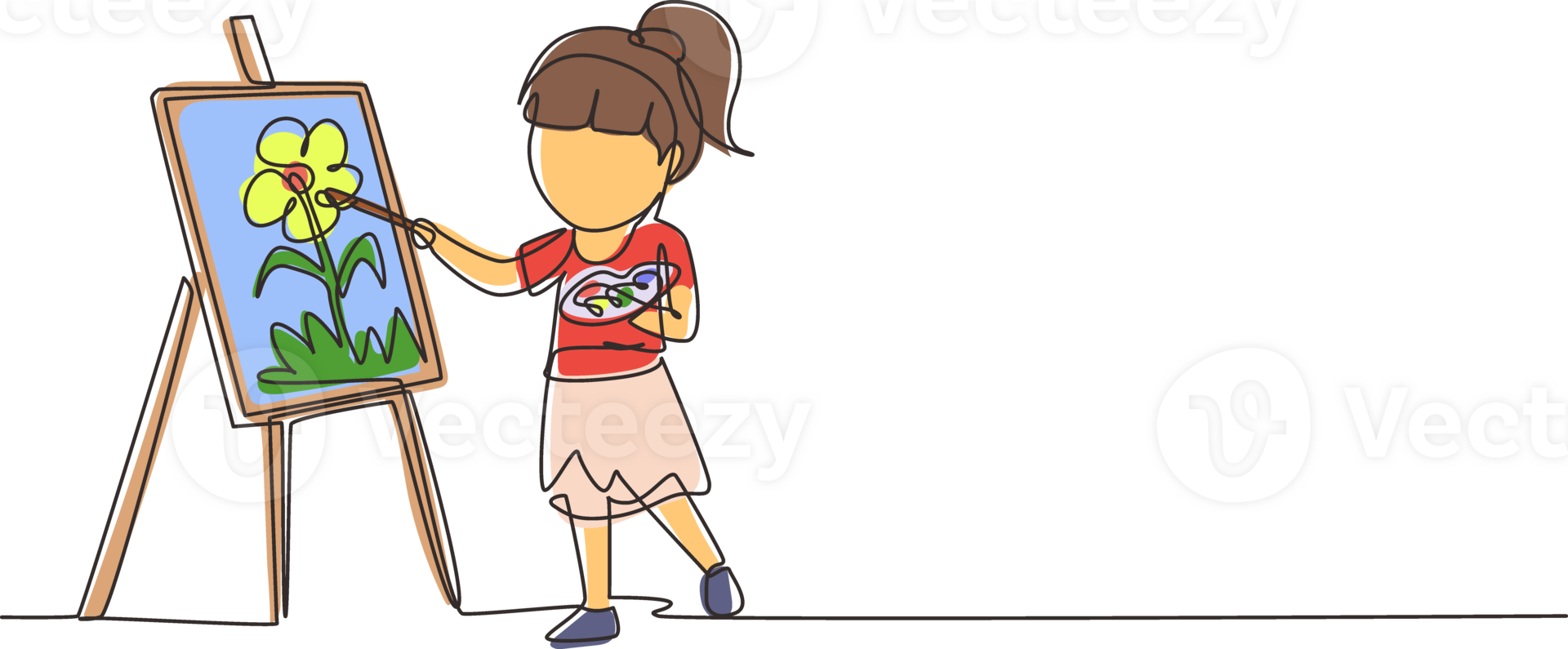 Single one line drawing happy cute little kid girl draw on canvas. Happy child painting on easel. Smiling girl with brush and paints. Modern continuous line draw design graphic illustration png